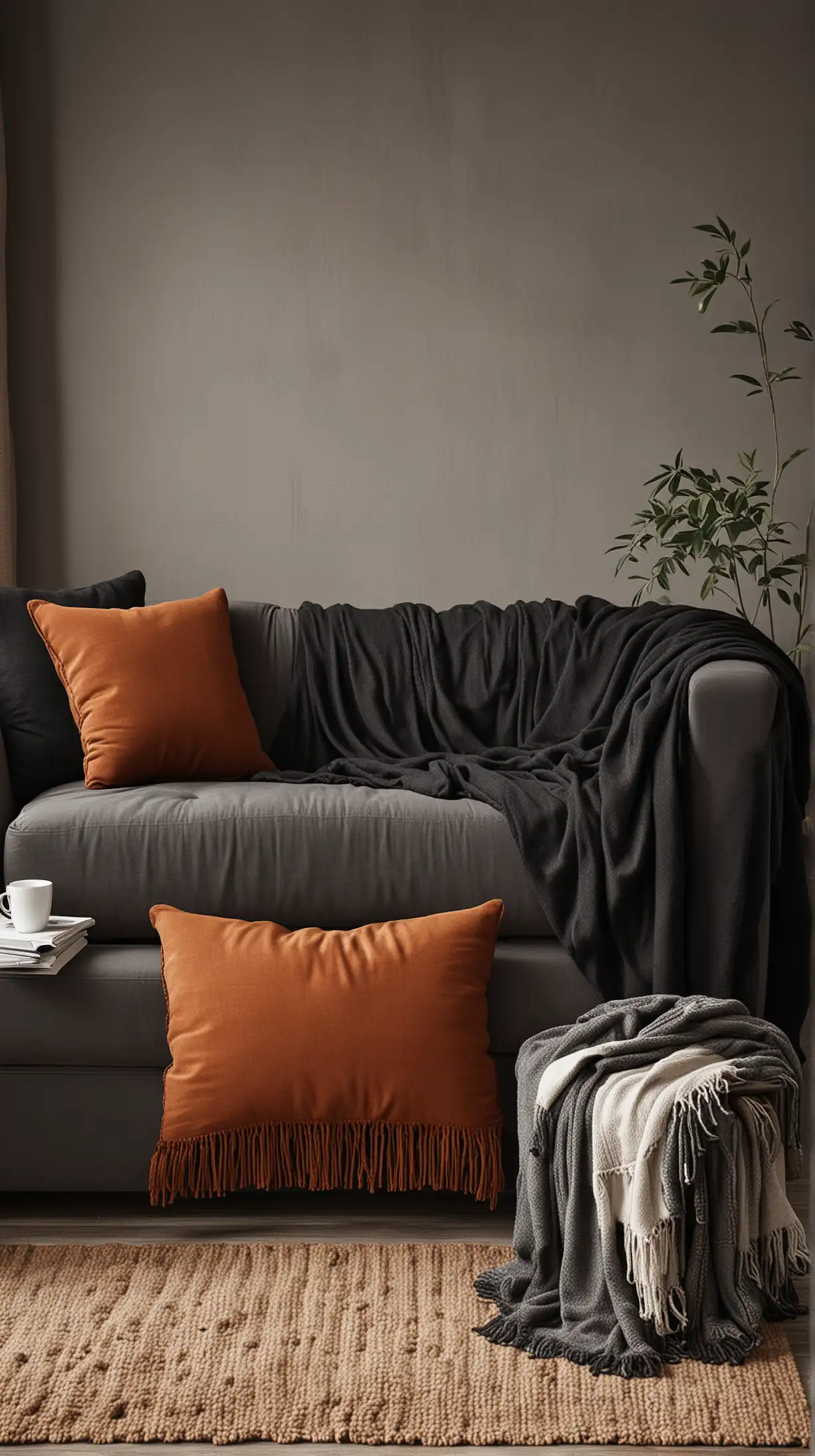 Rust and Black Theme Living Room with Layered Throw Blankets
