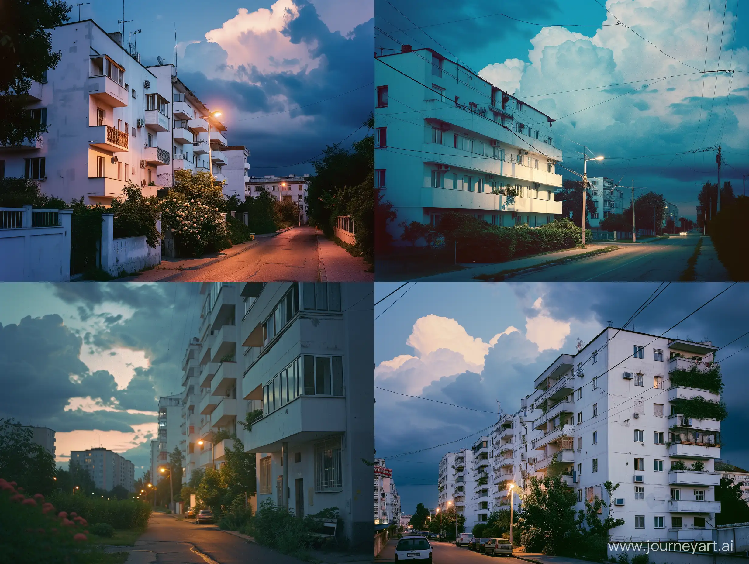 bucharest romania shot by edward hopper,magazine about clean liminal spaces aesthetics,underexposed medium format film,cartierul floreasca,summer,controlled overgrowth trim,ecological residential street,white microcement modernized apartment building,moody,walkable,soft fluffy clouds,2040s,shot at night,bloom,VHS tape colors,soft highlights,deep shadows,serene socialist ideals,public transportation,clean advertising,bike friendly