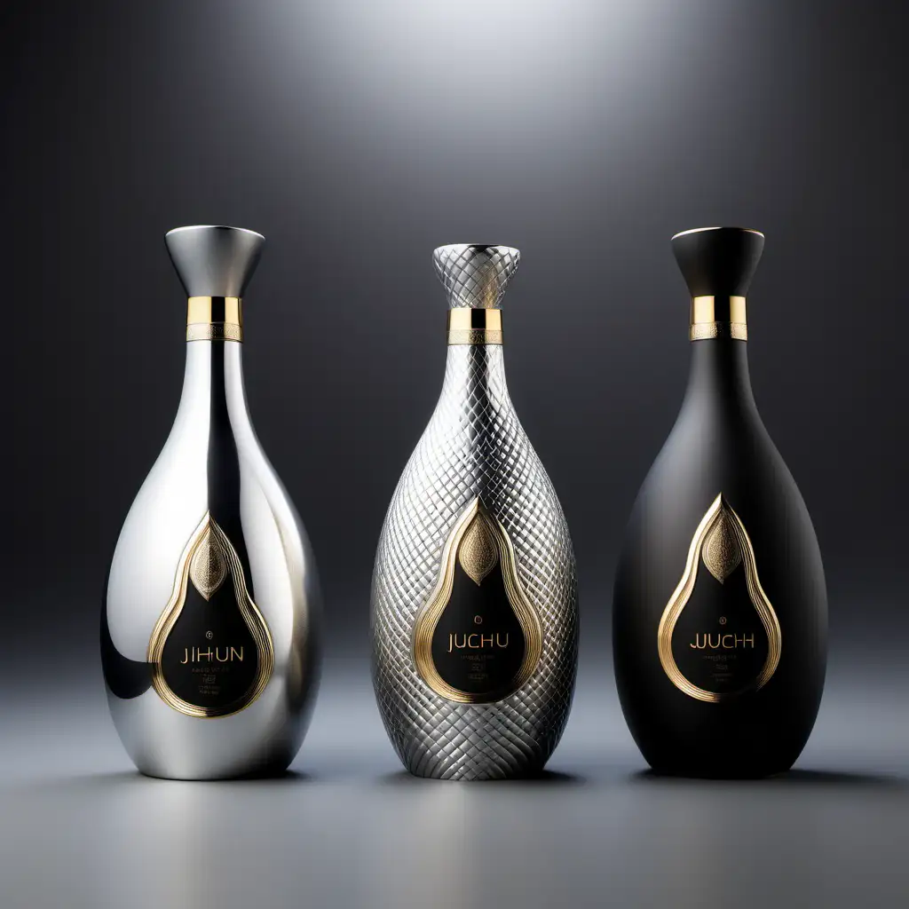 Elegant Jiuchun Liquor Bottles in Silver and Black Matte Ceramic with Gold Decorations