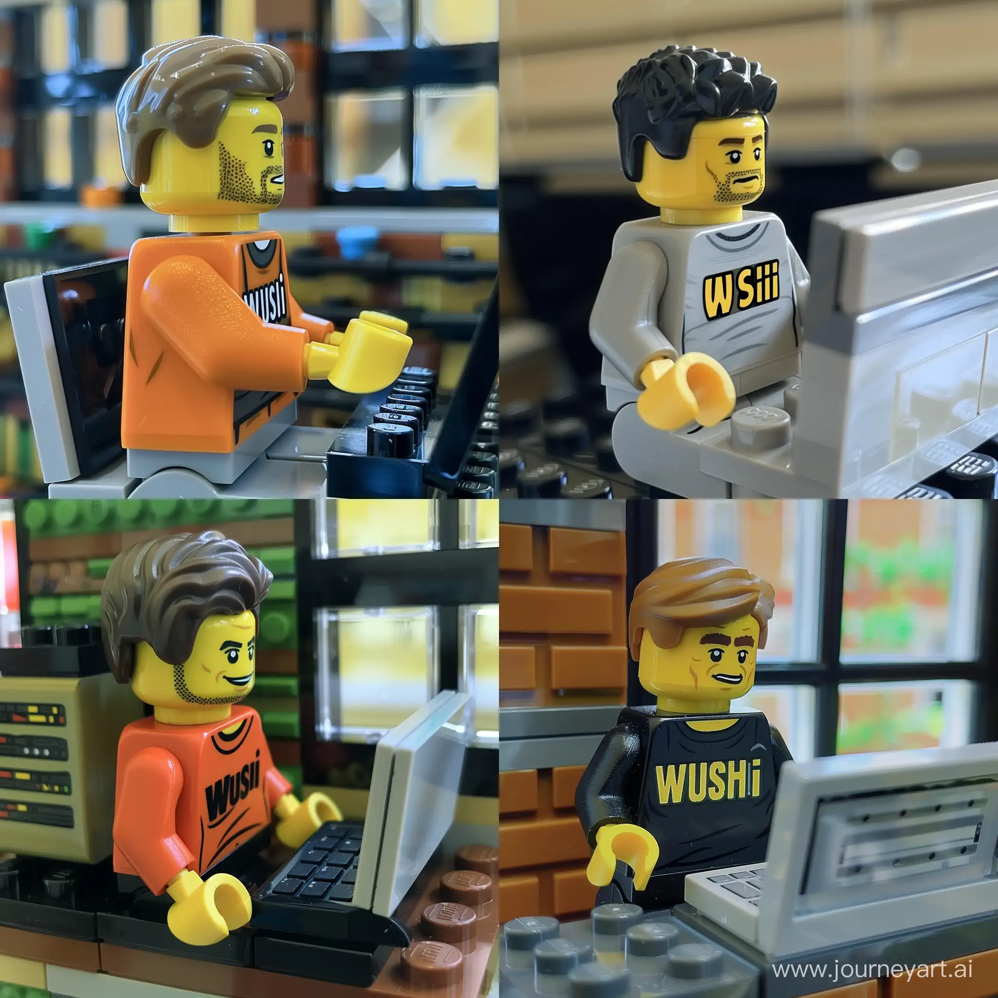 Lego man sitting at a laptop, his T-shirt says "Wushi", Lego style