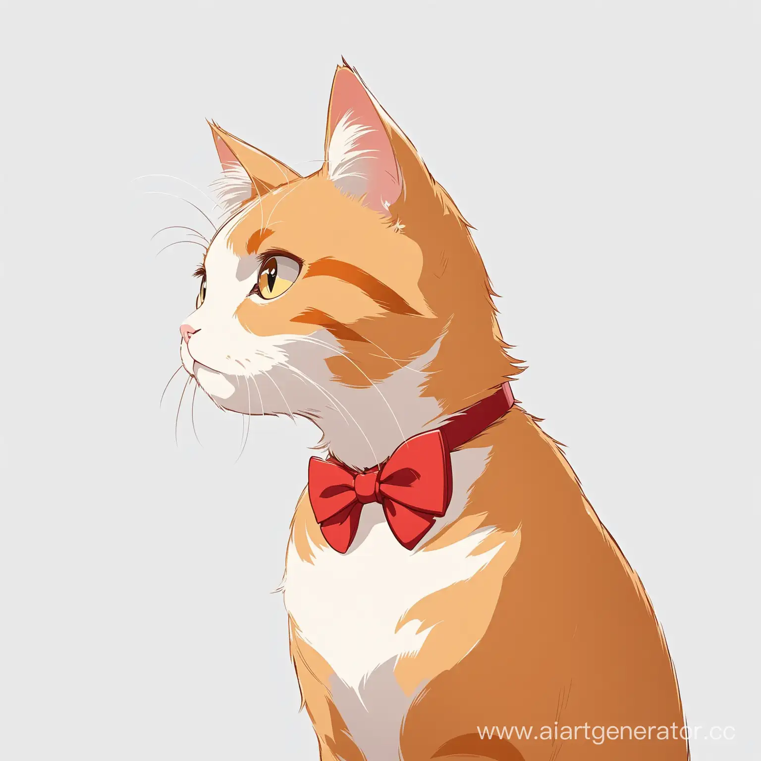 кошка мультяшная с красным бантиком на шее на белом фоне смотрит в сторону 
