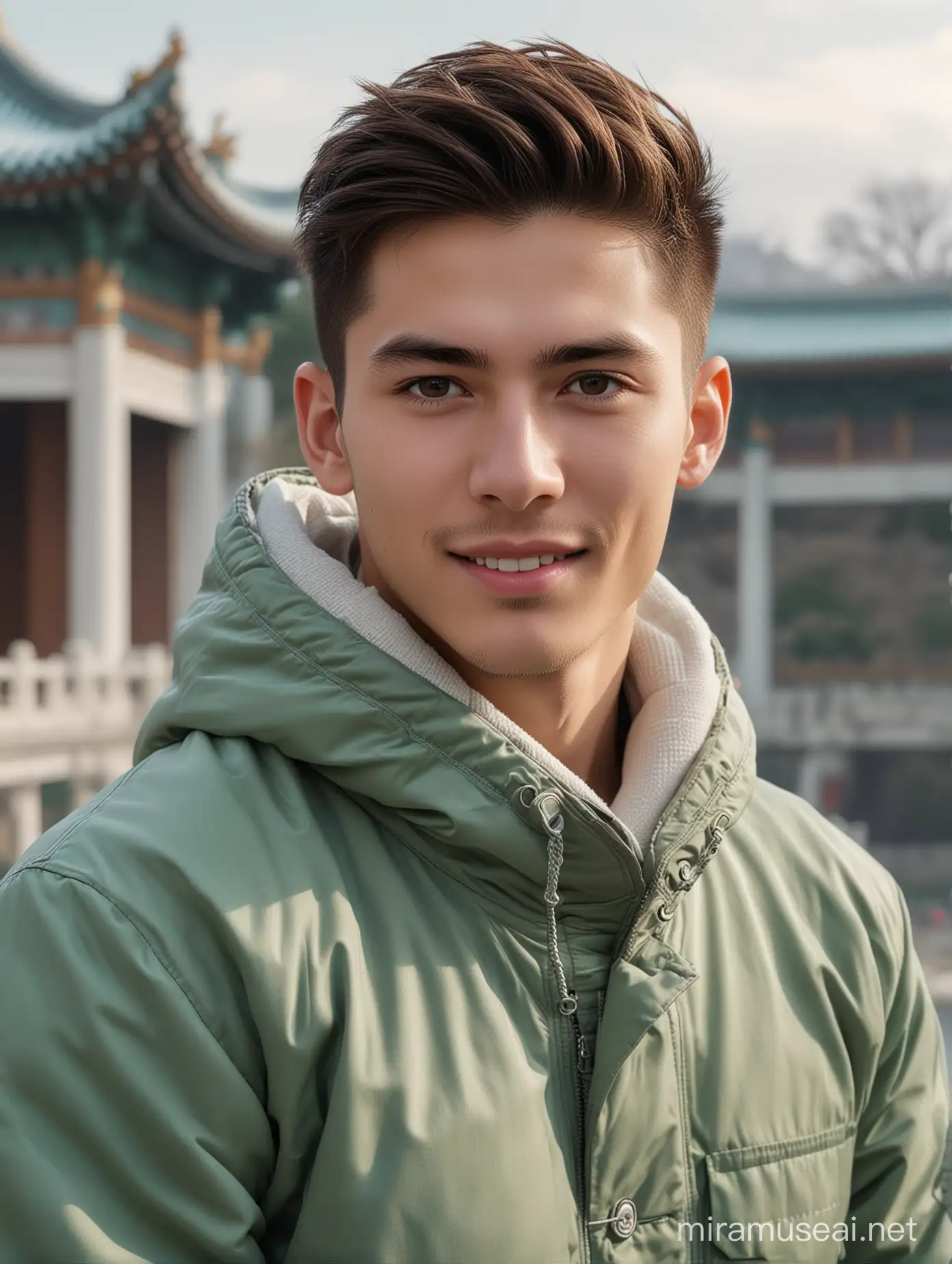 Handsome Young Man in Sage Green Winter Jacket Smiling at Chinese Palace