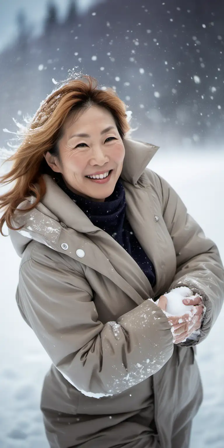 Maternal Japanese Woman Embracing Snowy Serenity in Alaska