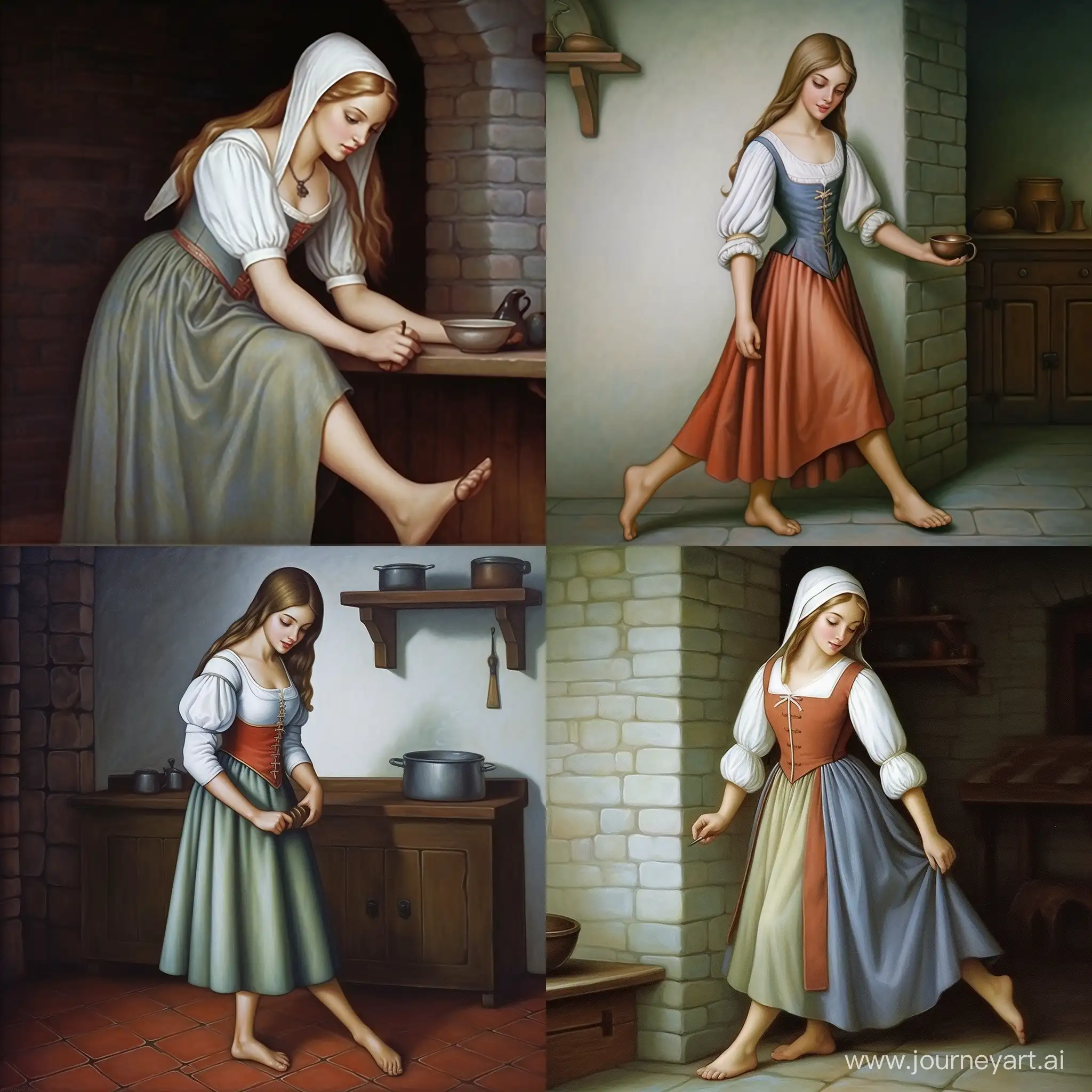 A barefeet maid girl with wide anklets working in kitchen of Middle Ages in oil painting style, the anklets are linked together.