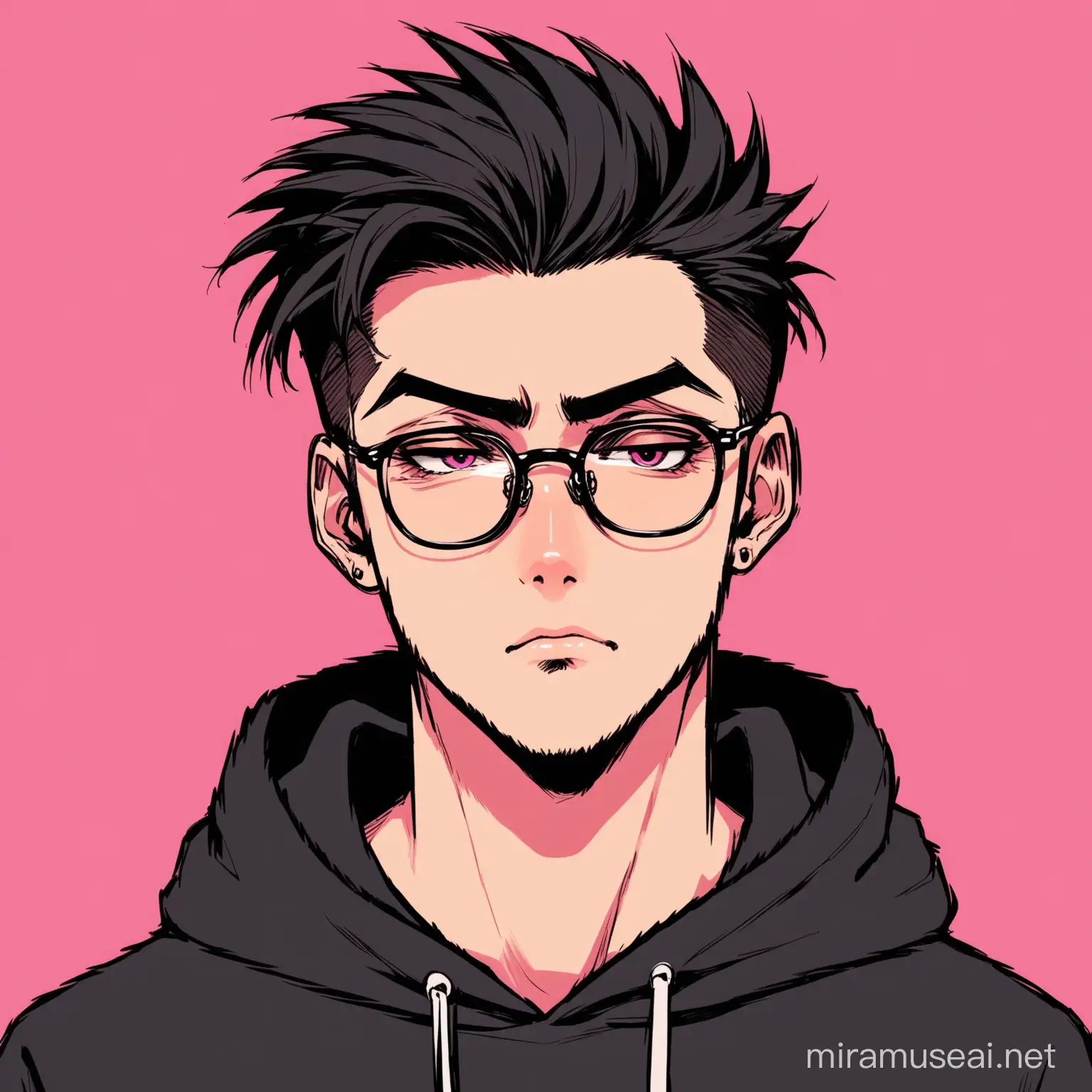 cool,hacker,black hoodie,glasses,quiff hairs,aesthetic,handome,aesthetic,psycho,oblong face,pink background,anchor beared
