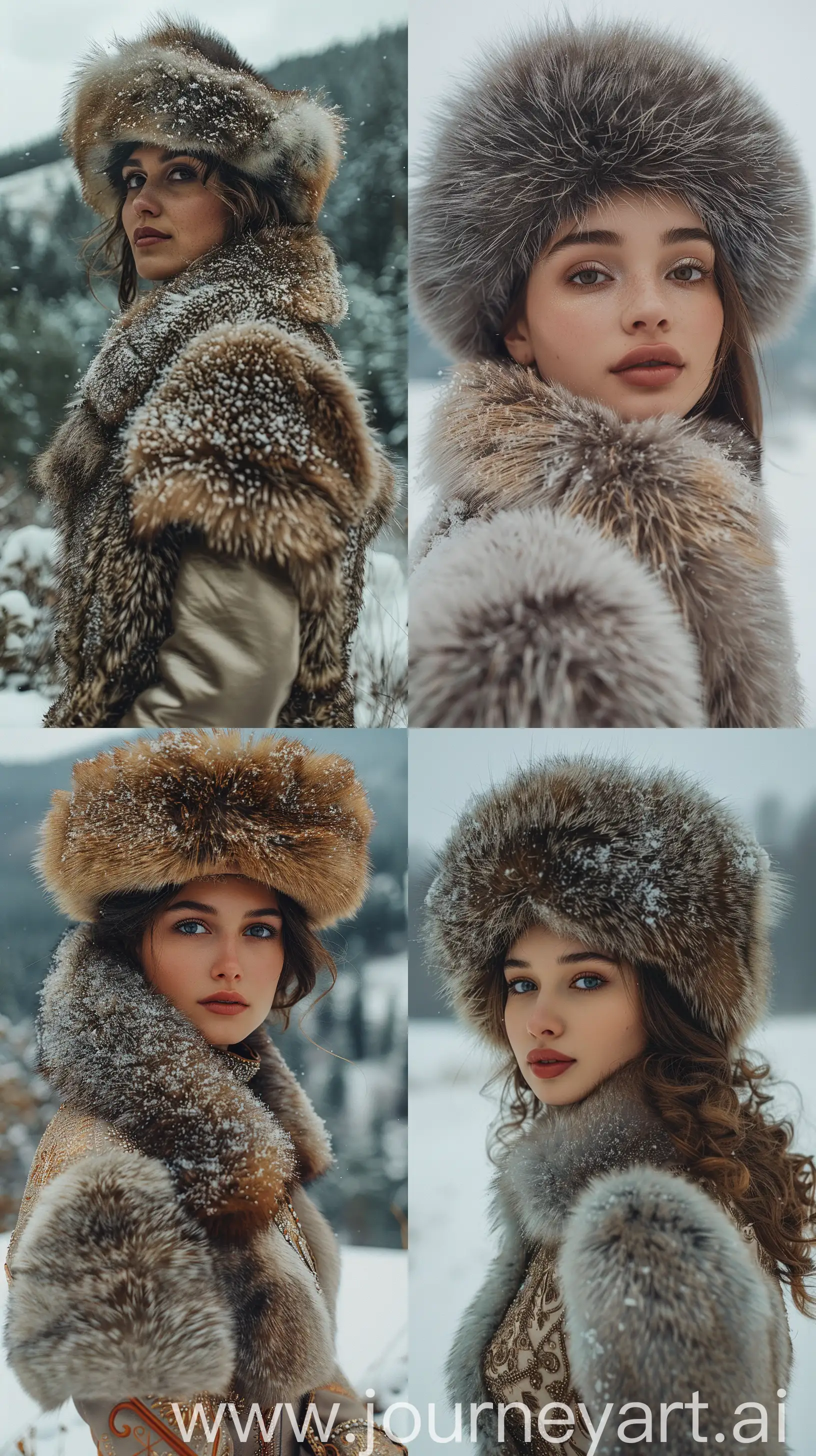 Professional photo of a reach slavic girl in expensive fur coat and fur hat in Ural mountains, winter season, snowy, Fujifilm Superia X-TRA 800 --ar 9:16 --style raw --stylize 250 --v 6