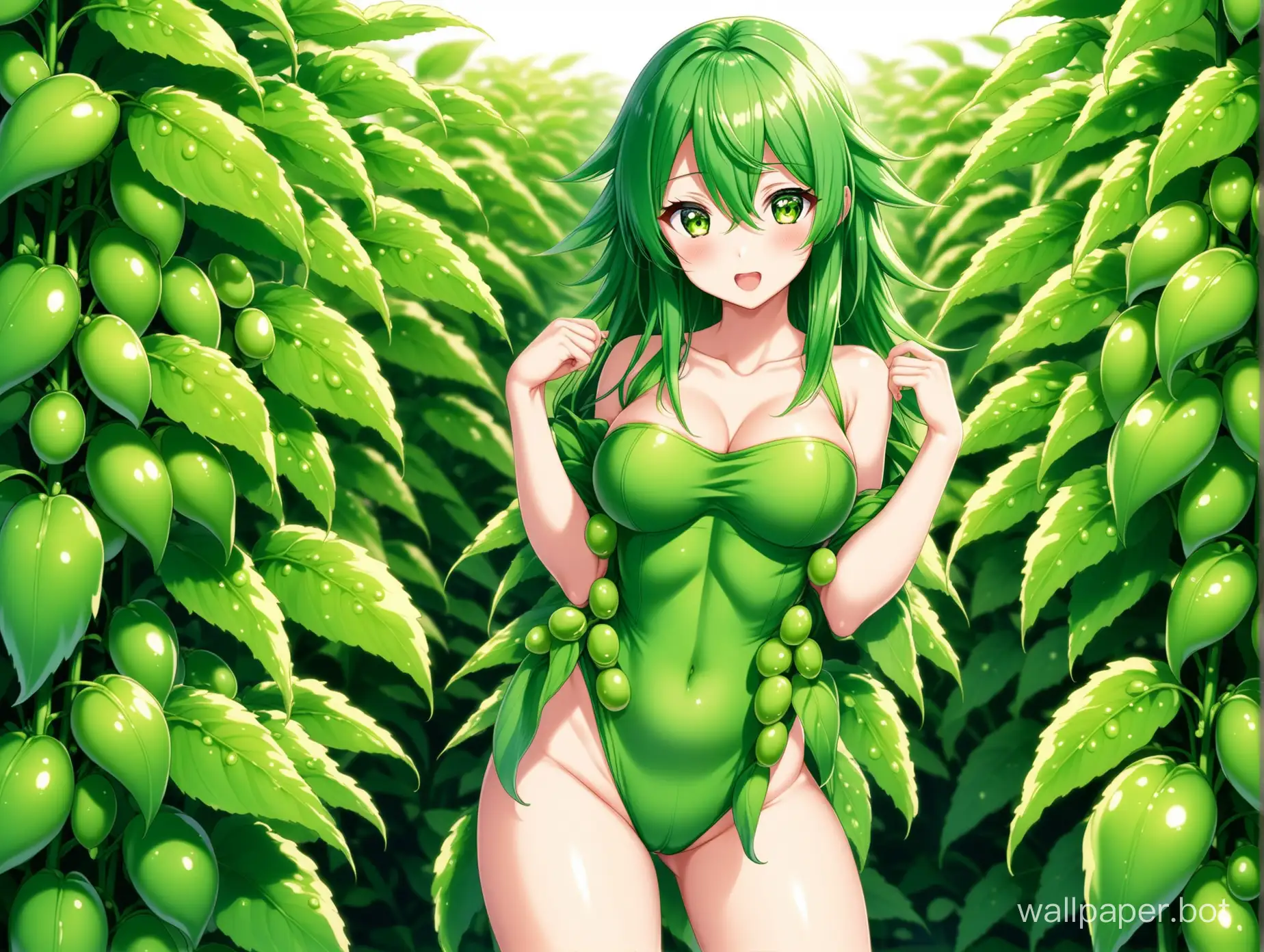 anime girl sexy disguised in soy plant with soy beans background