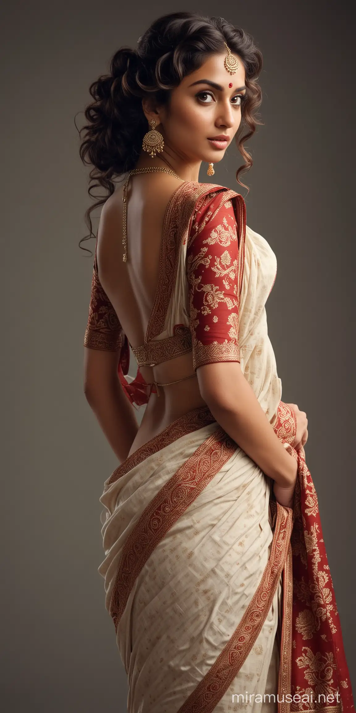 full body photo of most beautiful european woman as beautiful indian woman, long curly hair, wide eyes, full face, elegant beautiful SAREE look from back, tuned AWAY, lowcut back with big knot, showing back , looking back, brows raised with arrogance, grim, photo realistic, intricate details, color match, 4k.