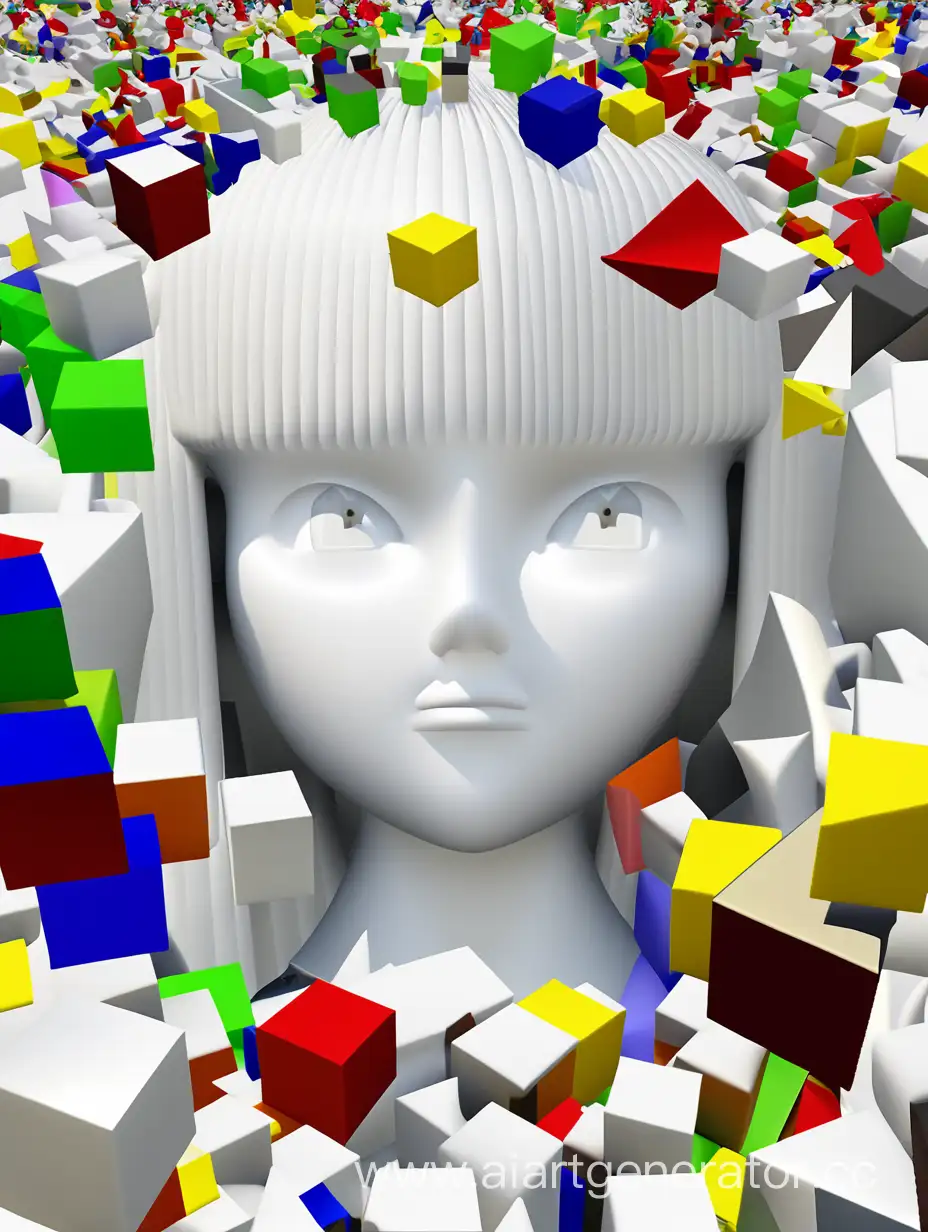 Female face, abstraction, face is divided into parts, each part has its own color and shape, random color, background is white, cubism, 3d graphics, background is completely white, 3d models, anime face, cubes, triangle, elipses