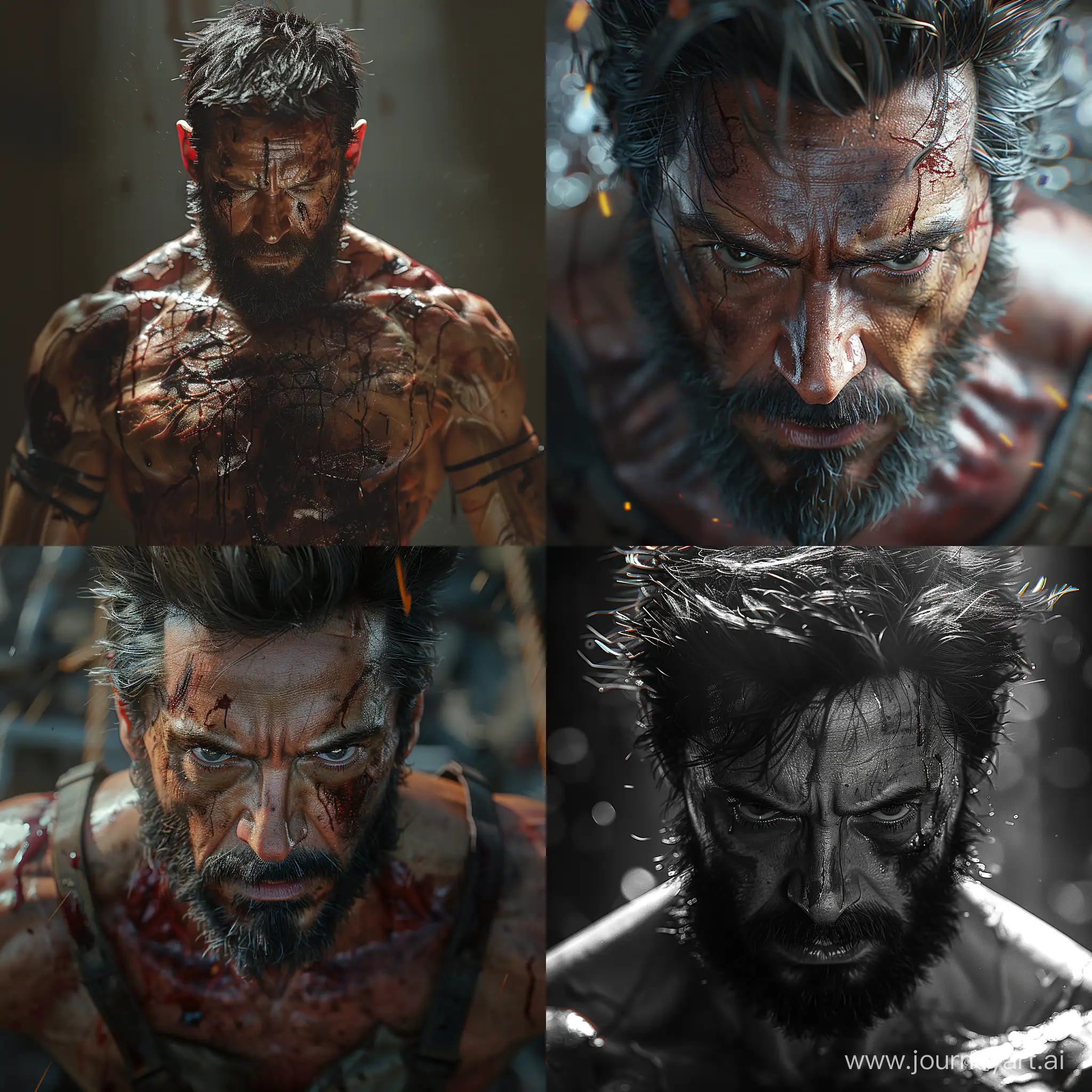 realistic logan x man, looking down, cinematic, dark, prime 1 studio, (awe-inspiring:1.1), majestic, pompous, (floating in mid-air:1.5), (leviating:1.5), extreme detailed, chiaroscuro, harsh shadows, bloody highly detailed --style raw --stylize 500
