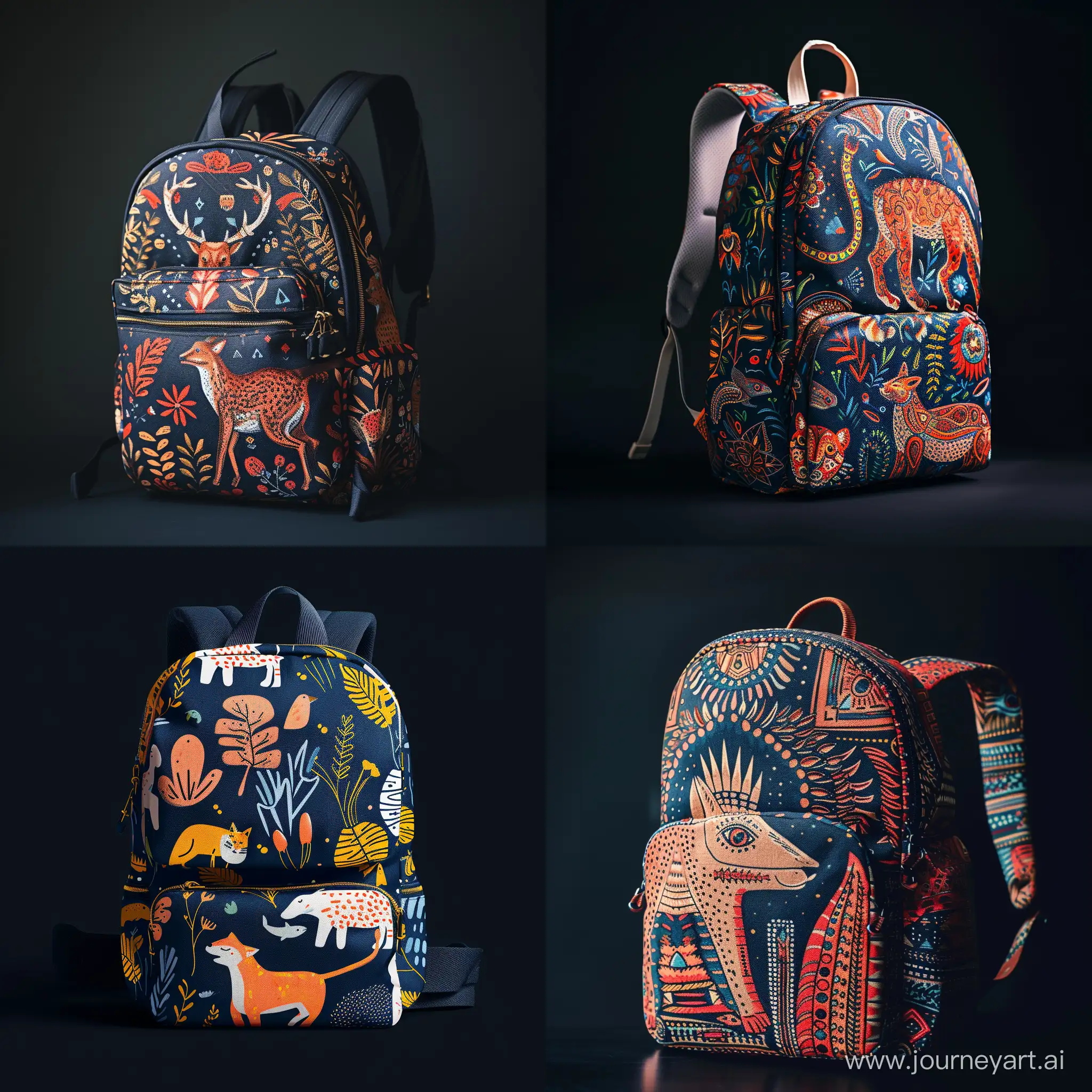 Patterned backpack for adults minimalism on dark background with graphic animal vector drawing --v 6 --ar 1:1 --no 11917