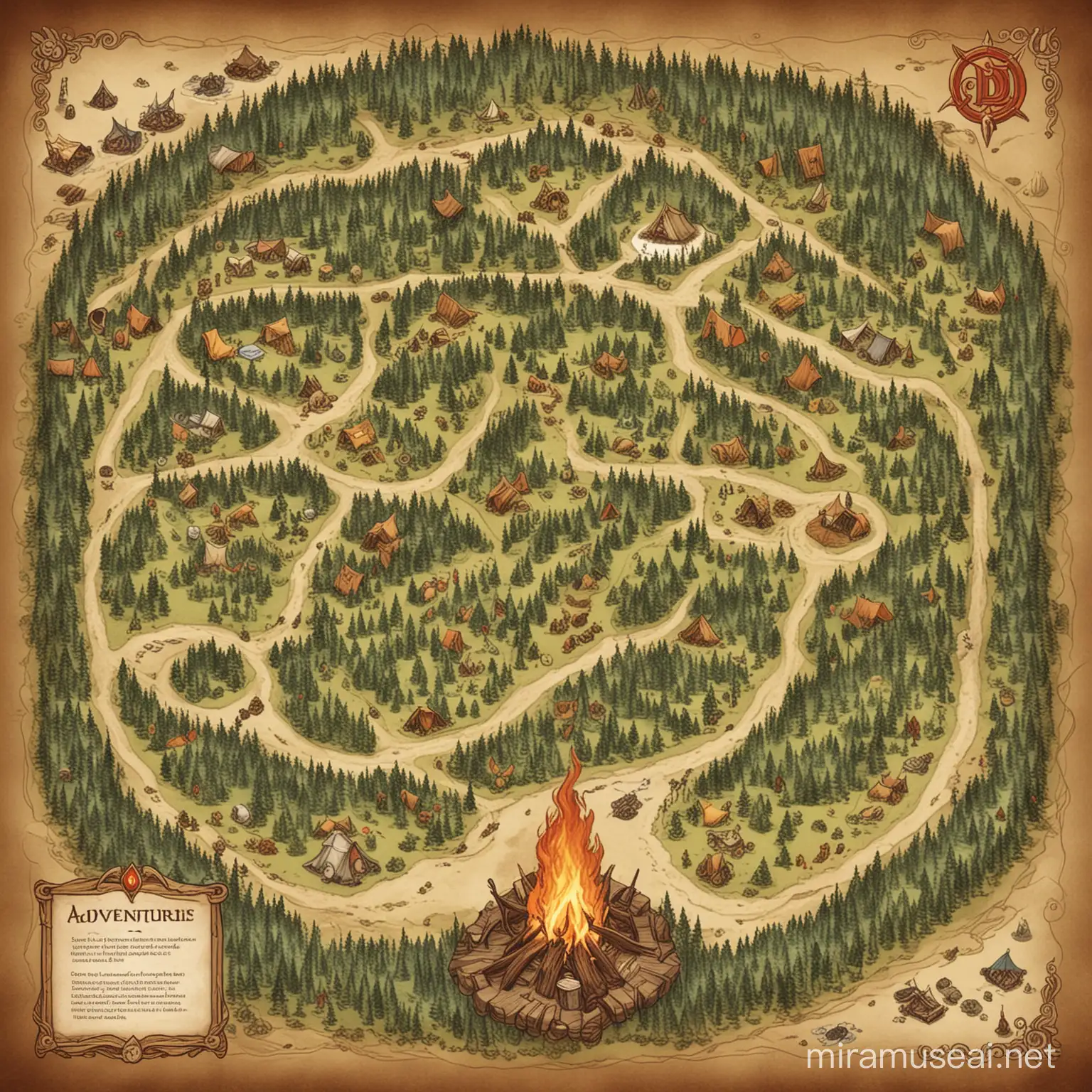 придумай карту лагеря приключенцев для днд с палатками и костром в центре