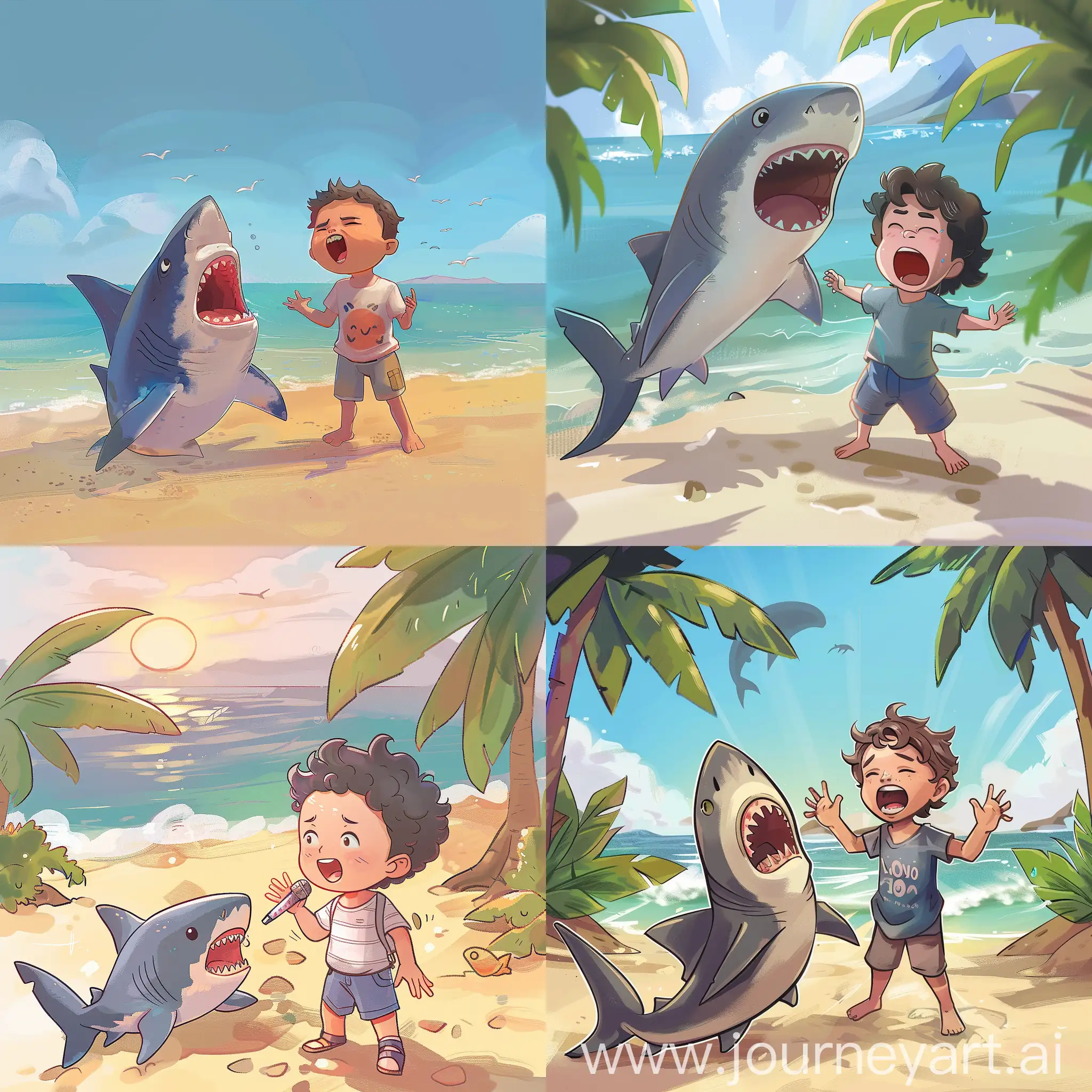 Adorable-Boy-Singing-with-a-Friendly-Shark-on-the-Beach