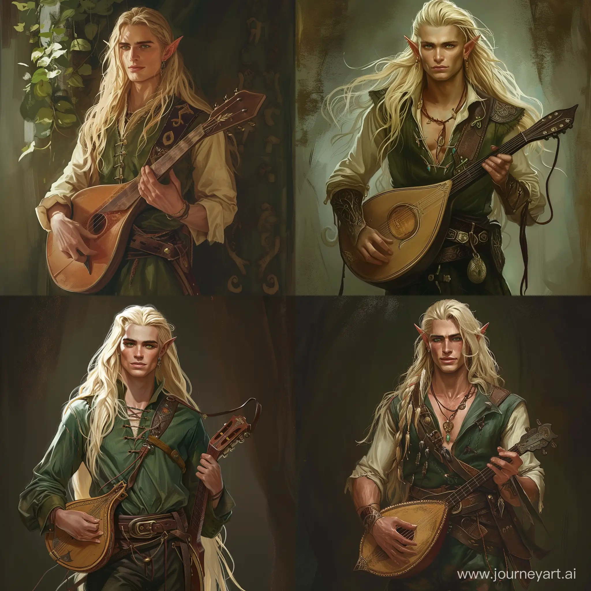 make a half-elf man of 23 years old with blonde long hair, short stature, with green eyes and a lute on his belt in the style of magic and Scandinavia