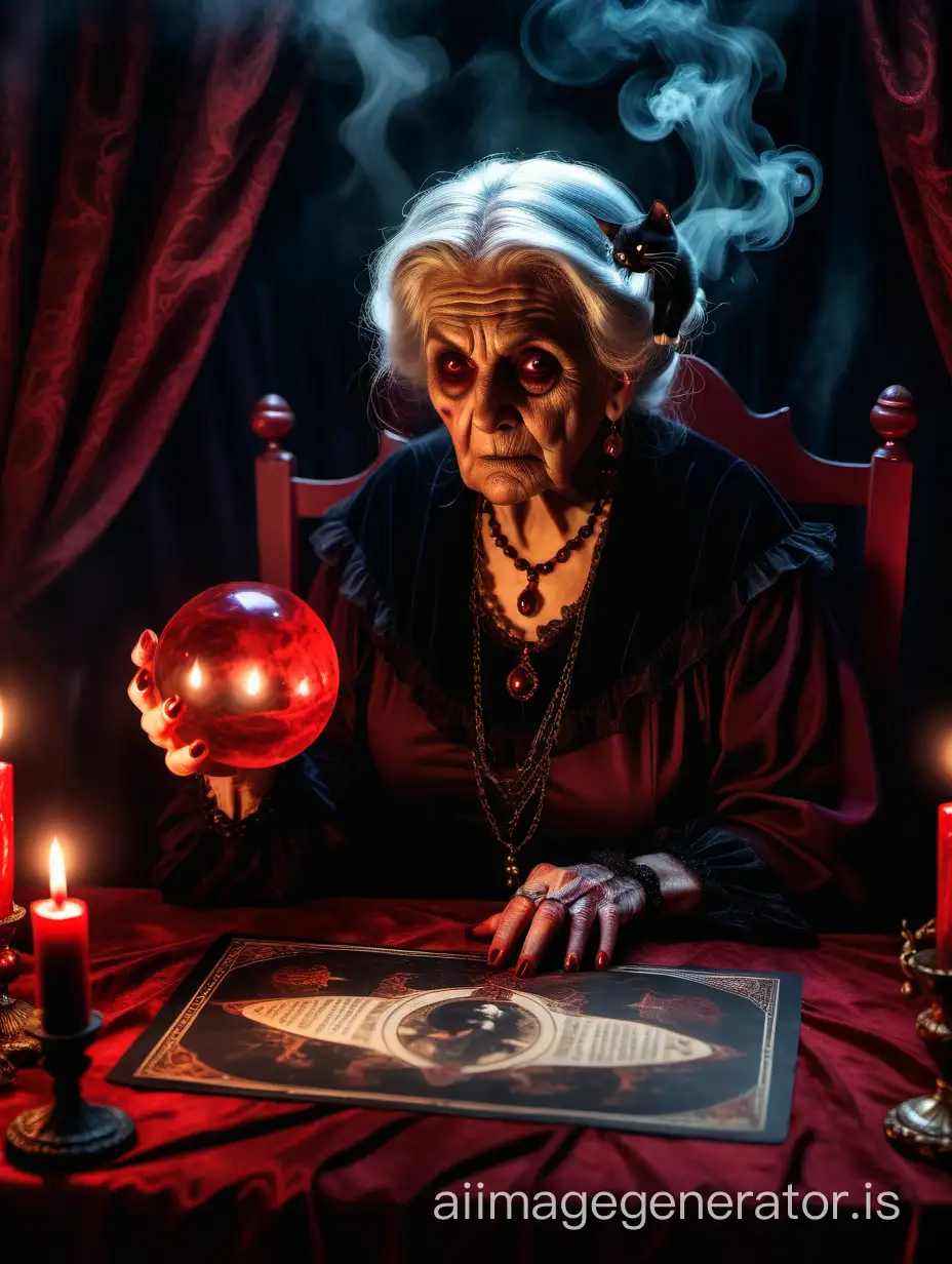 Victorian era, evil old old woman fortune teller at table with smoke, crystal ball, Ouiji board, black cat, lit candles, long red velvet curtains, thunderstorm, spooky cinematic