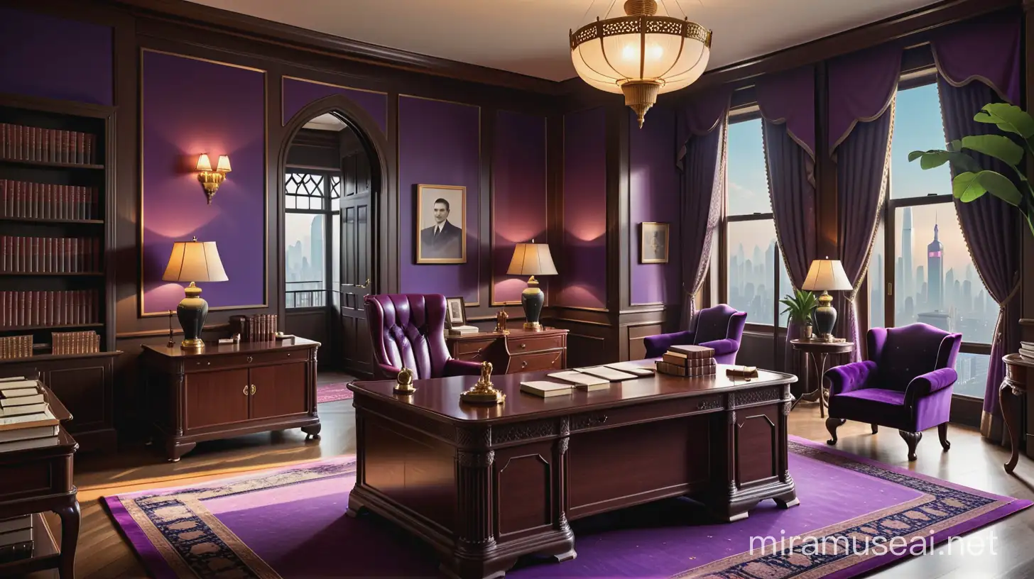 Generate a description of Victor Sassoon's office at the Cathay Hotel in Shanghai in 1929, for a game of Call of Cthulhu. The office is located at the top of the hotel, offering a stunning view of the bustling city through large windows adorned with purple velvet curtains. The walls are paneled with dark exotic wood, conveying a sense of wealth and prestige. A thick Indian carpet covers the floor, muffling footsteps. At the center of the room, a massive wooden desk is topped with a brass desk lamp, illuminating an abundance of meticulously stacked documents and files. Exotic items from the Middle East, India, and Asia adorn the room, reflecting Victor Sassoon's diverse travels and interests. A scent of pipe tobacco lingers in the air, mingling with subtle notes of tea and sandalwood. The British colonial atmosphere of this prestigious office is both exotic, mysterious, elegant, and refined.
