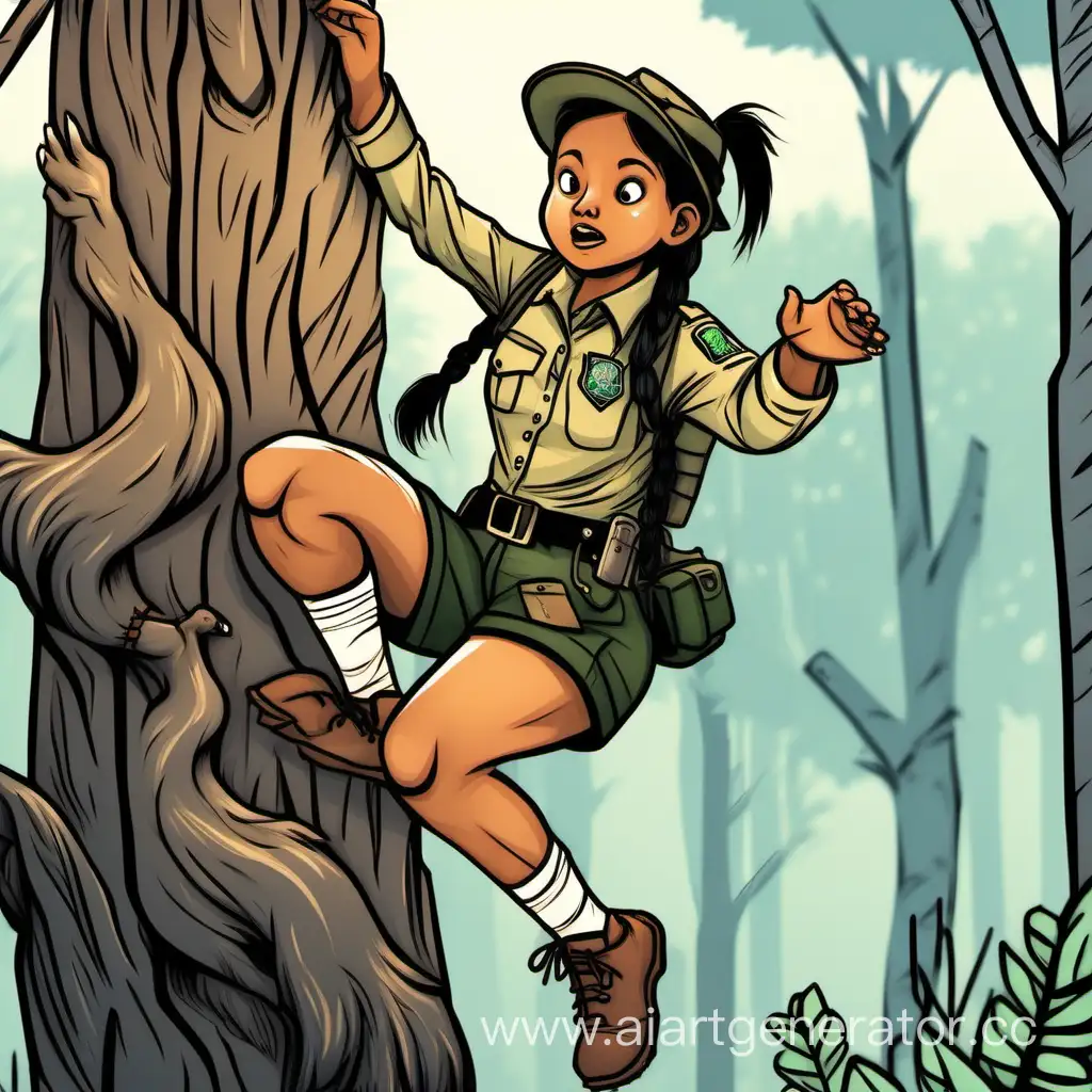 Park ranger girl indigenous in shorts and long sleeves with pigtails climbs a tree, Wolf grabbed her shorts 
