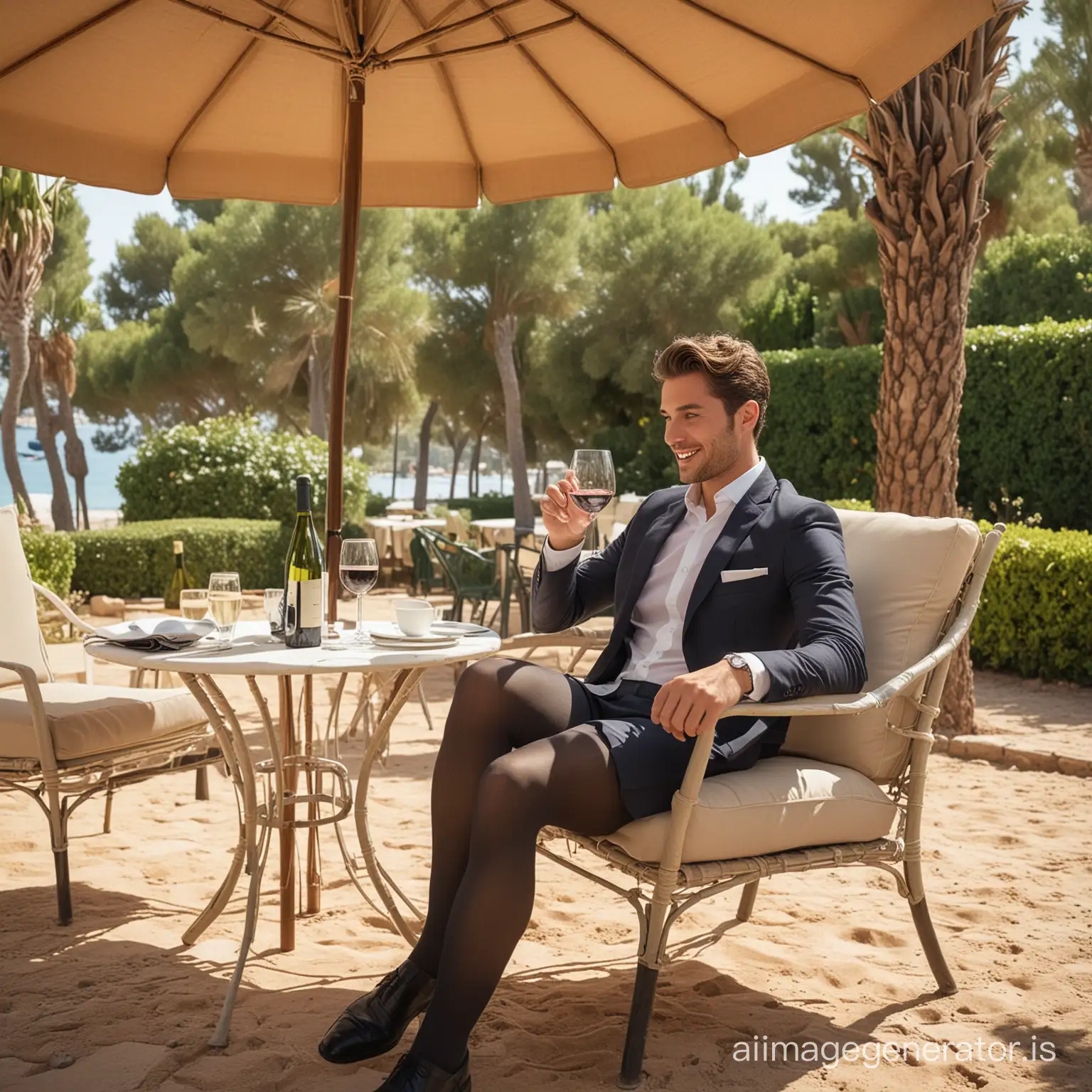 sturdy rugged 28-year old business man wearing sheer tights and sitting on a chair at a table under a parasol in a hotel in Saint-Tropez and drinking wine