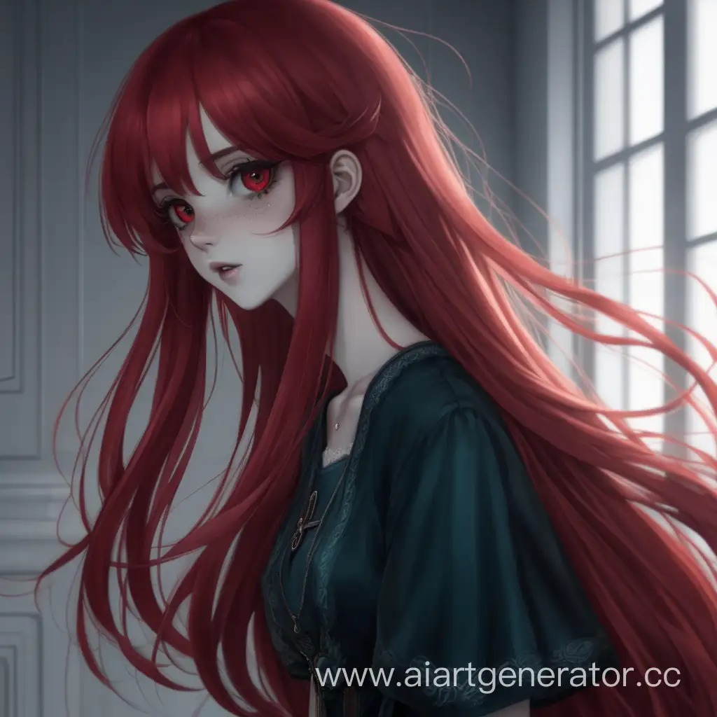 I want a girl with long red hair and also the eye of her is red and I want her in a bit of dark makeup wearing a bit short dress and I want her in full body 
