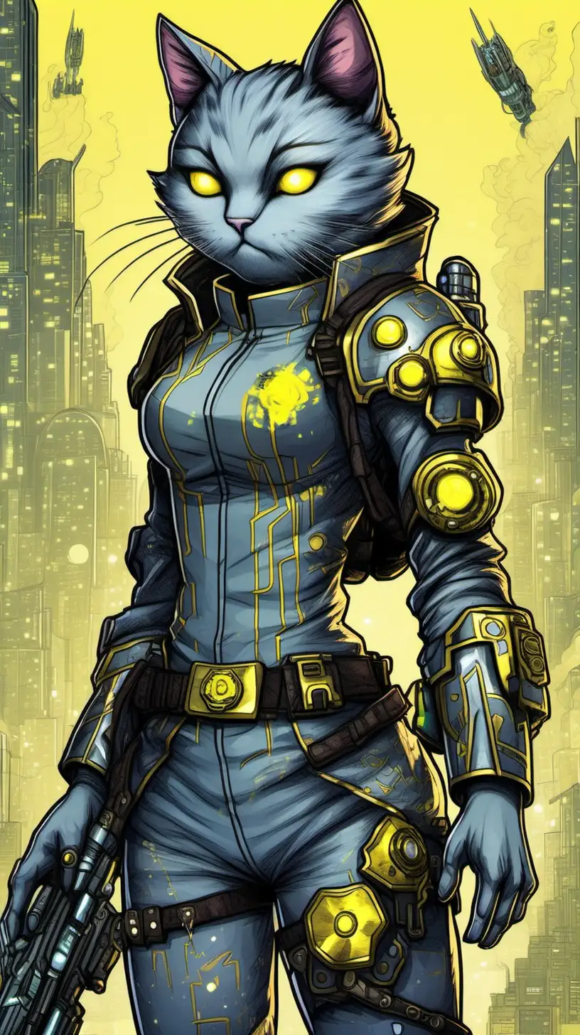 a comic book cyberpunk humanoid chartreux cat in a fantasy world, grey fur and golden eyes, the art style is like adventure time and world of warcraft and star wars. She carries a plasma rifle.