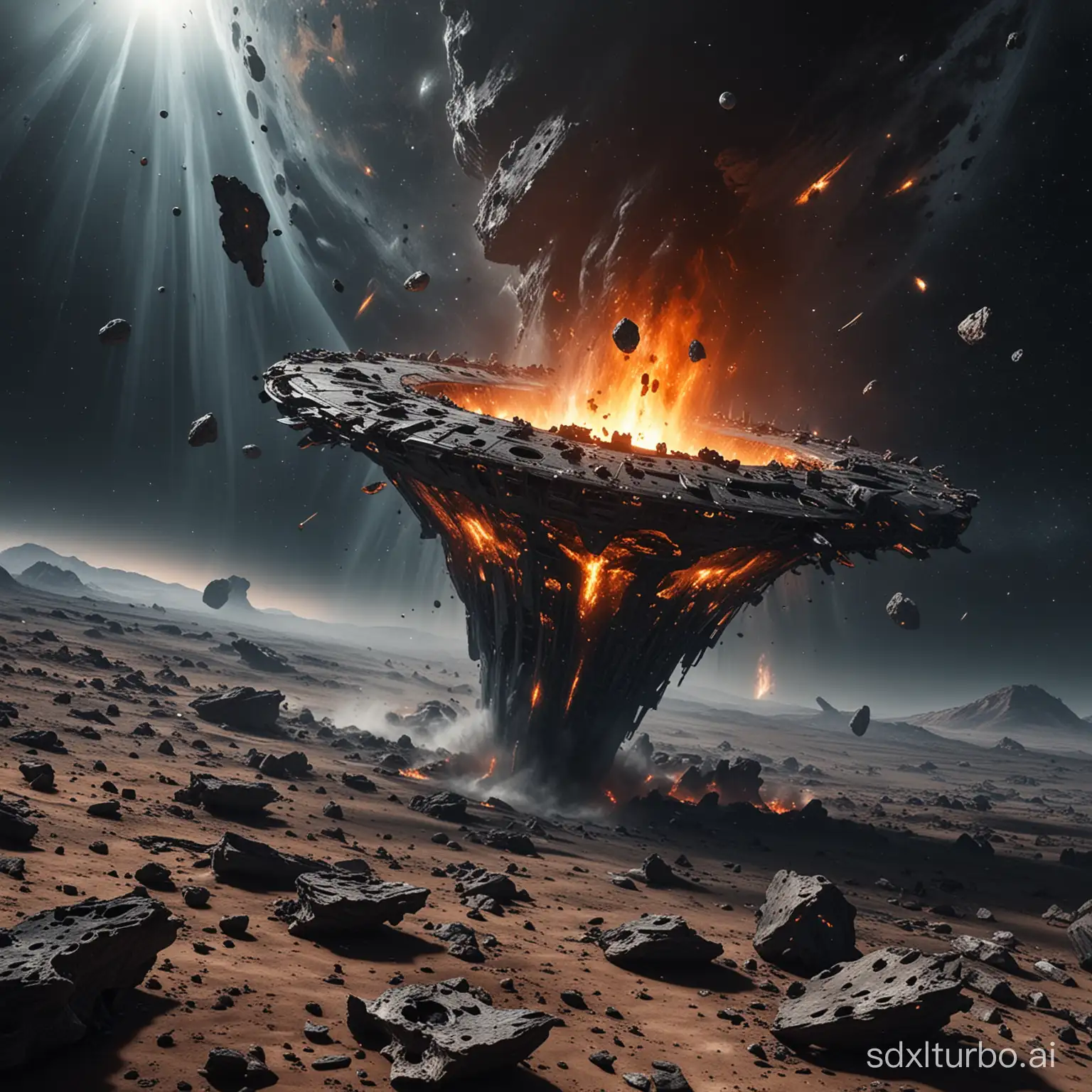 ancient alien starship debris multiple wreck parts massive destruction accident impact in black hole orbit melting