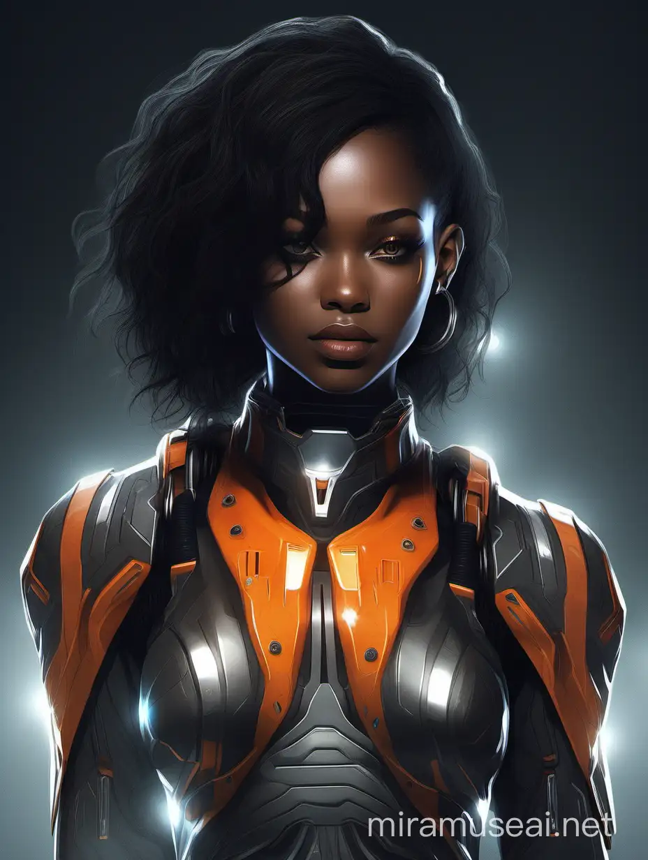 Futuristic Portrait Elegant Cybernetic Young Woman with Orange Accents