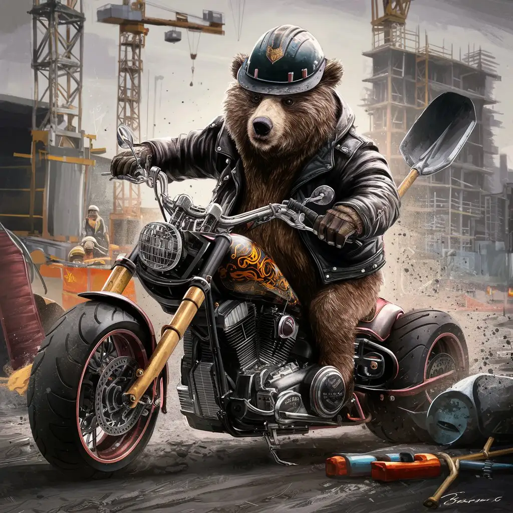 медведь байкер в желете и рабочем шлемом с лопатой за работой