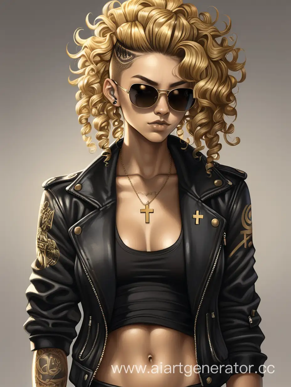 Athletic body, golden punk hair with curls, black jacket with black shirt, black trousers, golden cross on neck, golden tattoos, black sunglasses, piercing on all face, female character