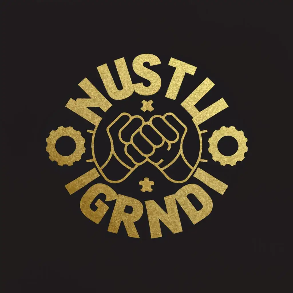 a logo design,with the text "hustle & grind", main symbol:gears, a clenched fist,complex,clear background