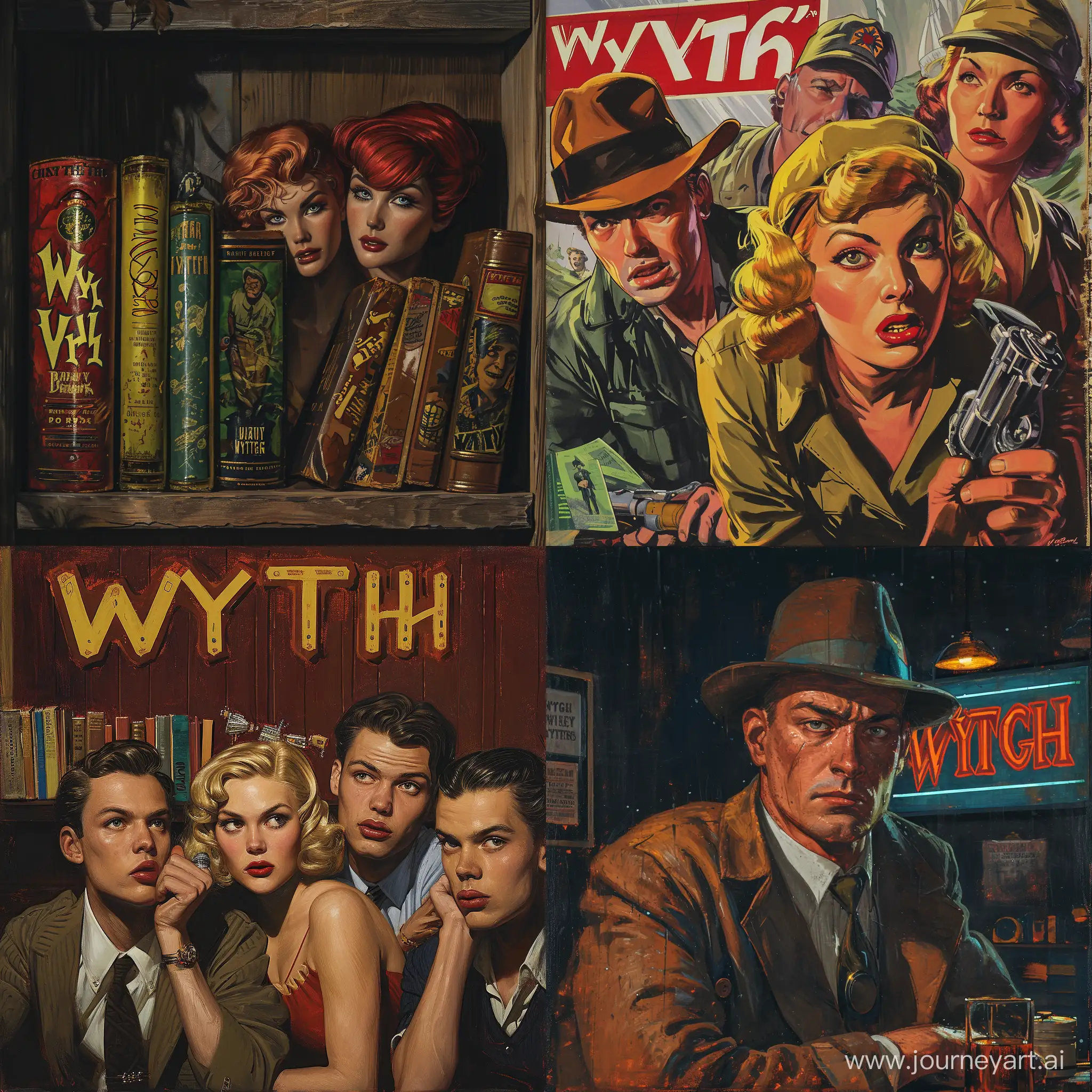 i want a collection of 30s comicbook style book covers by fictional band "wytch" as an album cover, realistic, painted, 4k