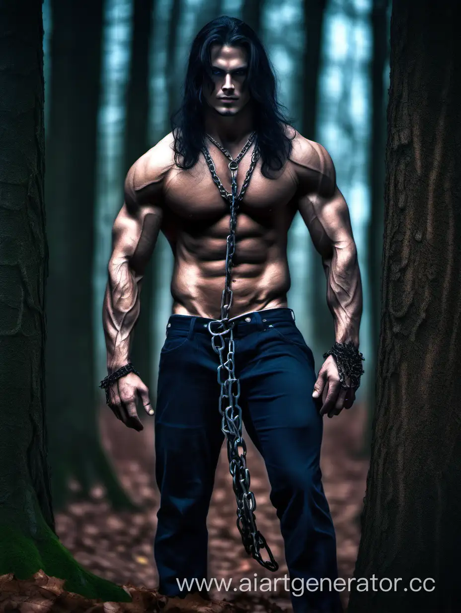 Dark forest, Muscular male handsome long dark hair chained to a tree, full body piercing blue eyes 
