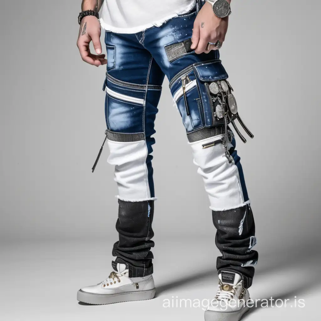 Strong Bleached Black & White cargo jeans in  blue lining  and combined with stone wash  having  contrast & metal accessories with a dutch view angle.