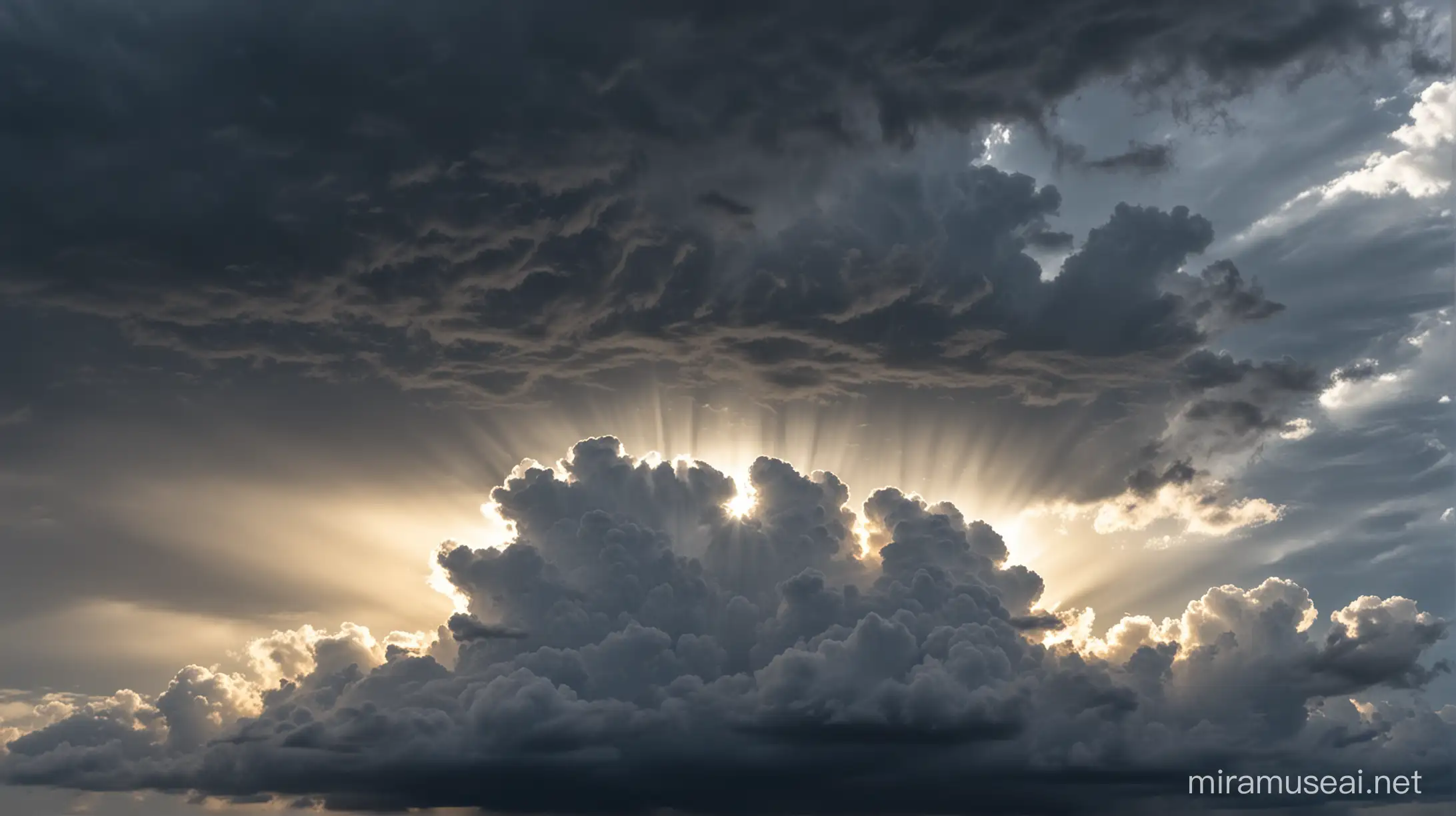 a sky with dark rain clouds on one end and a sun behind a fluffy white cloud on the outer end