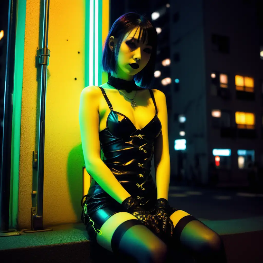 Goth girl. Soft yellow neon lights. Streets. Tokyo. Sitting. Latex lingerie. Small breasts. 