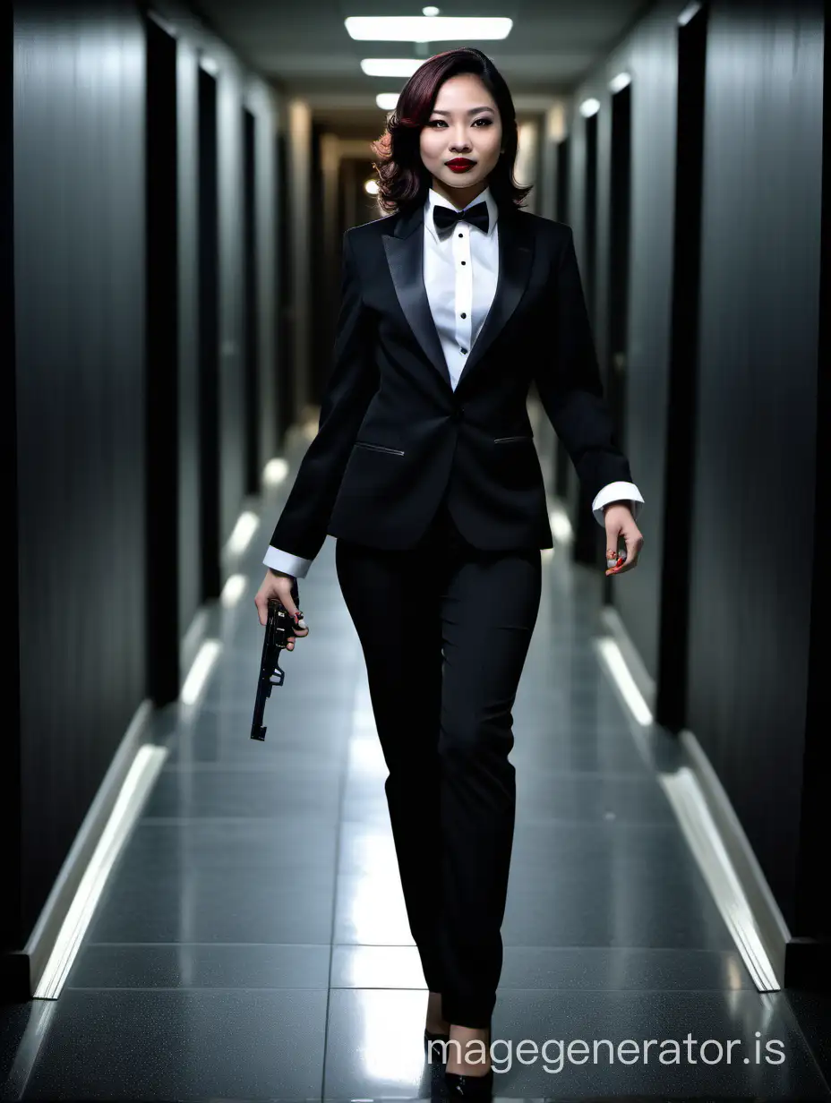 A sophisticated and confident malaysian hitwoman with shoulder length hair and lipstick is walking toward you down a darkened hallway.  She is wearing a black tuxedo with a black jacket.  Her shirt is white with double french cuffs and a wing collar.  Her bowtie is black.  Her cufflinks are silver.  She is wearing black pants. She is pointing a pistol at you.  She is smiling and laughing.
