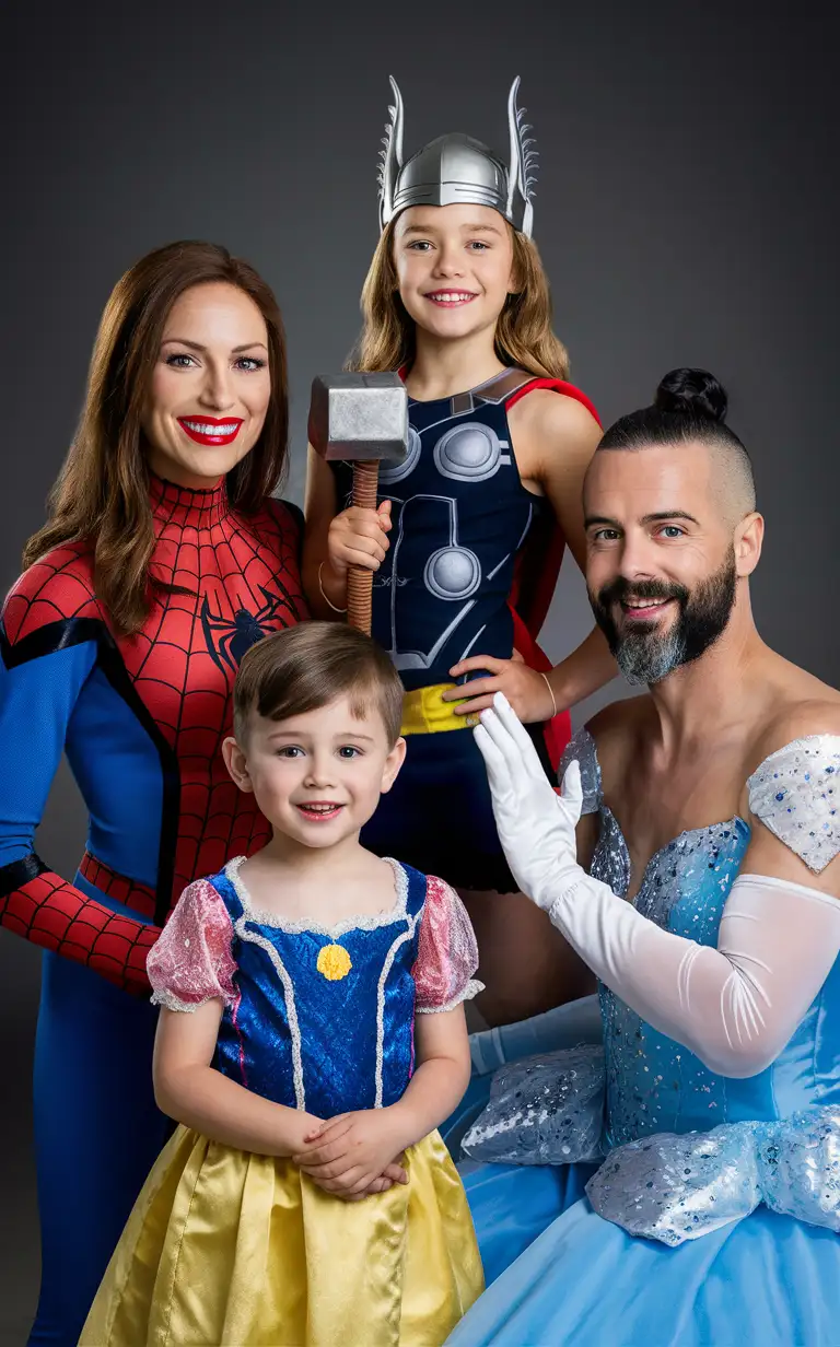 RoleReversal-Family-Halloween-Costumes-Fun-Portrait-with-SpiderMan-Mom-and-Cinderella-Dad
