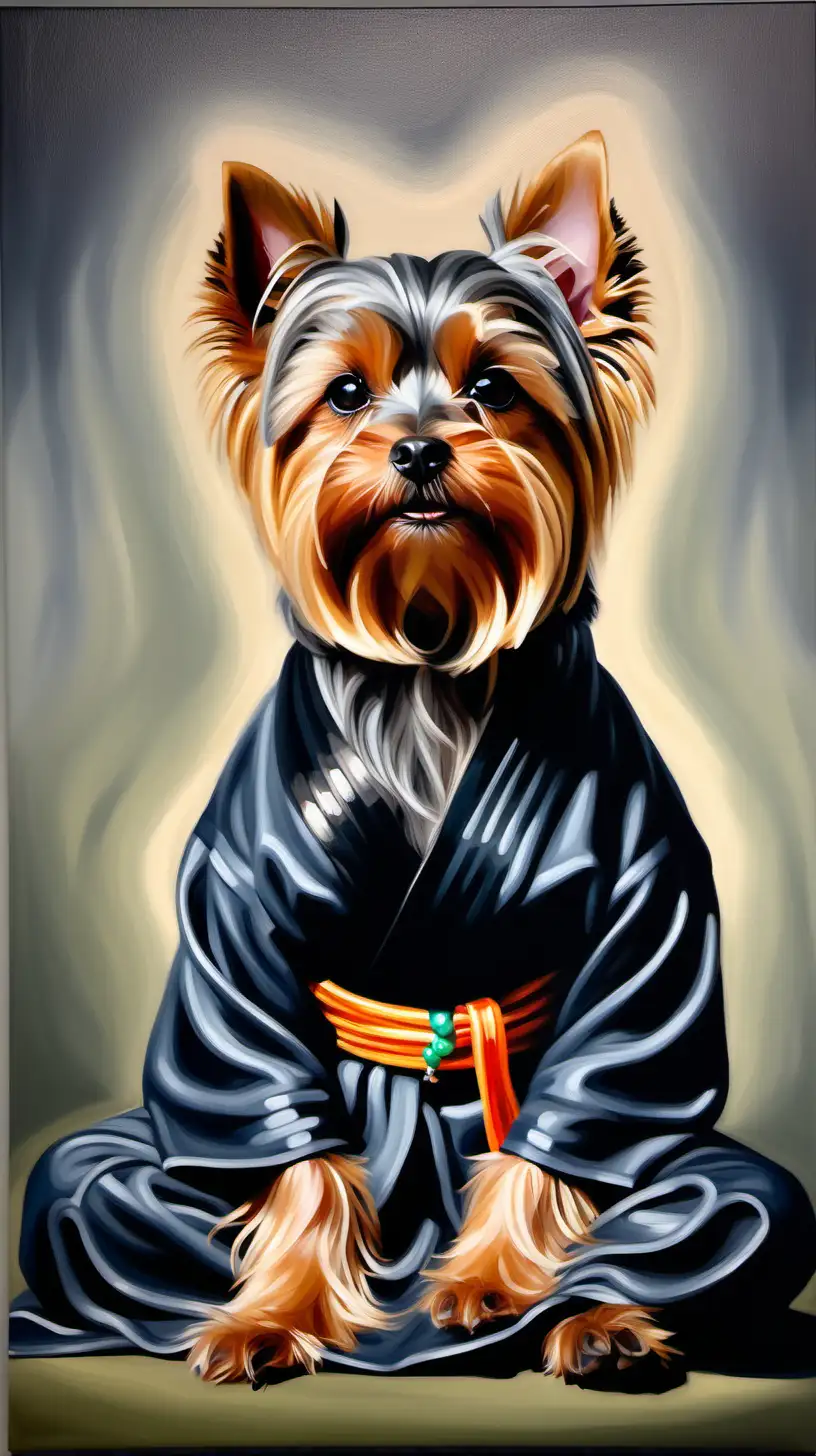 oil painting of a meditating yorkshire terrier