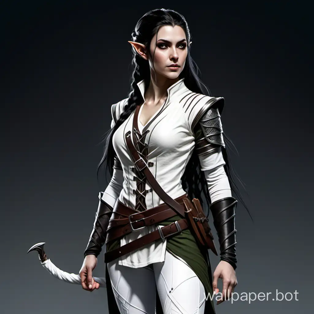 female half elf ranger with long black plaited hair, wearing white top with deep v and white 3/4 leggings