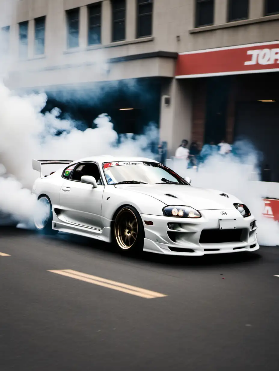 Dynamic White Toyota Supra Drifting with Billowing White Smoke on City Streets