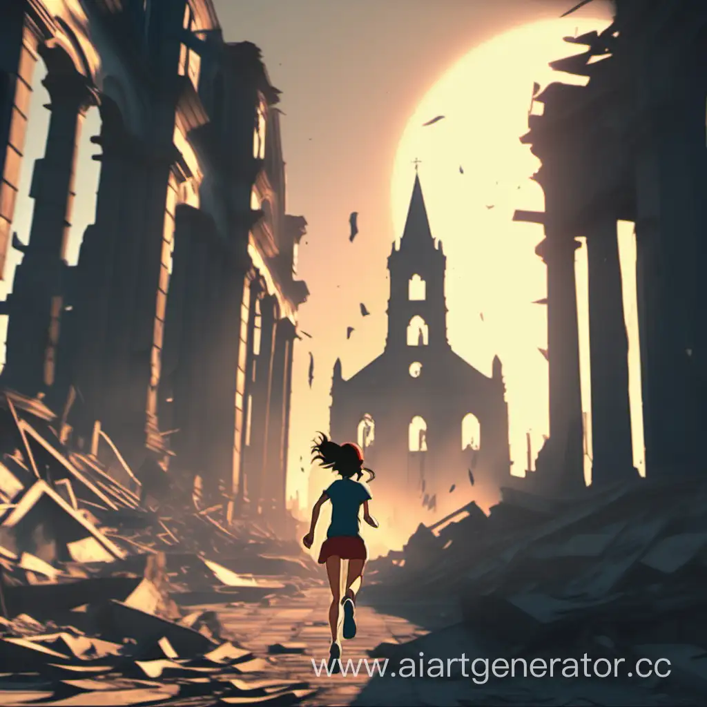 девочку которая бежит по разрушенному городу к церкви анимационный стиль, 4k