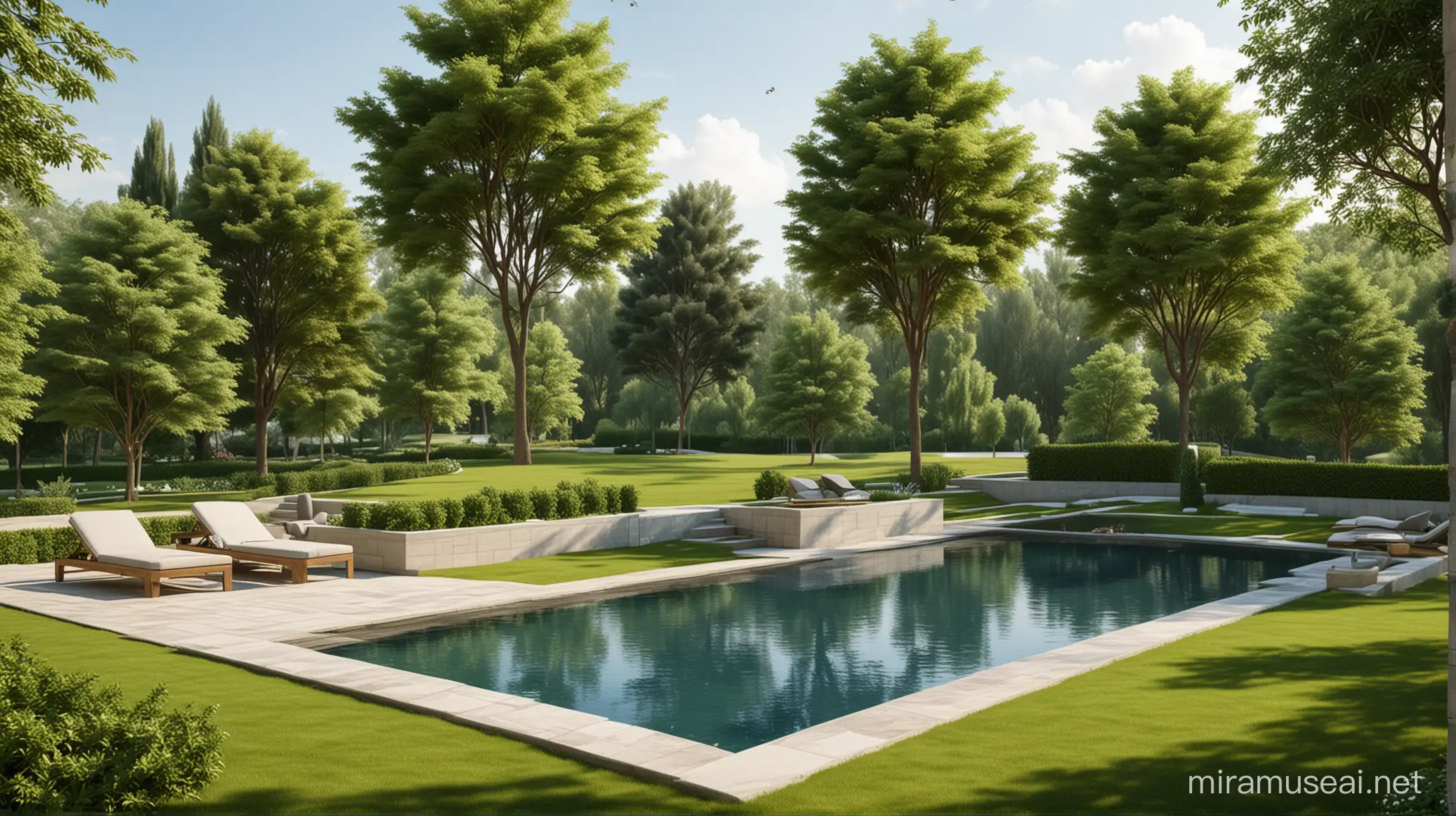 landscape design for a villa with slope roof. The trees in the area must have a good canopy. A water body to soothe the environment. A medium lawn area, with an infinity pool with a fireplace surrounded by sitting area.