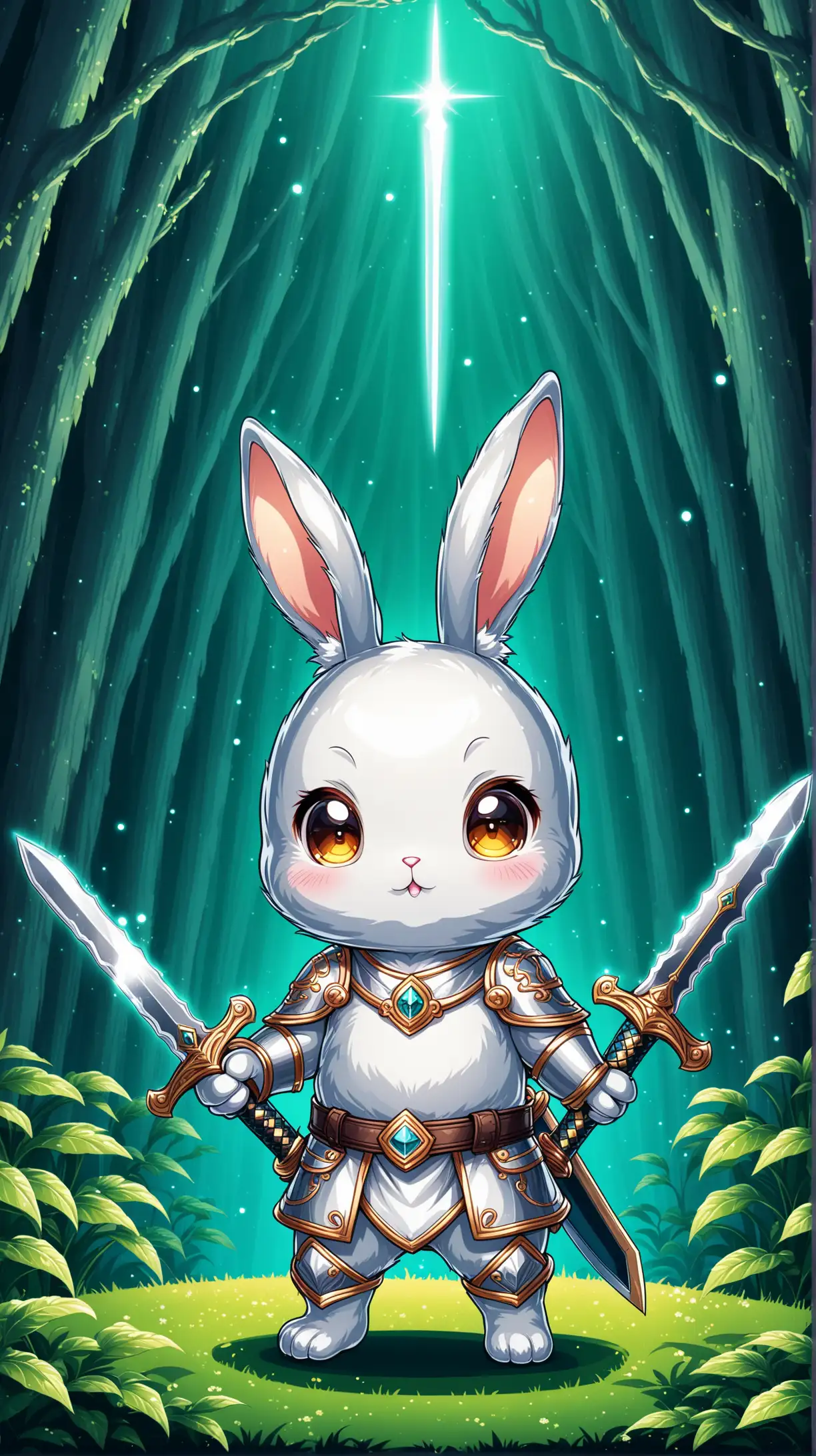 Cute rabbit cartoon character whose body is made from silver , sword, mysterious background 