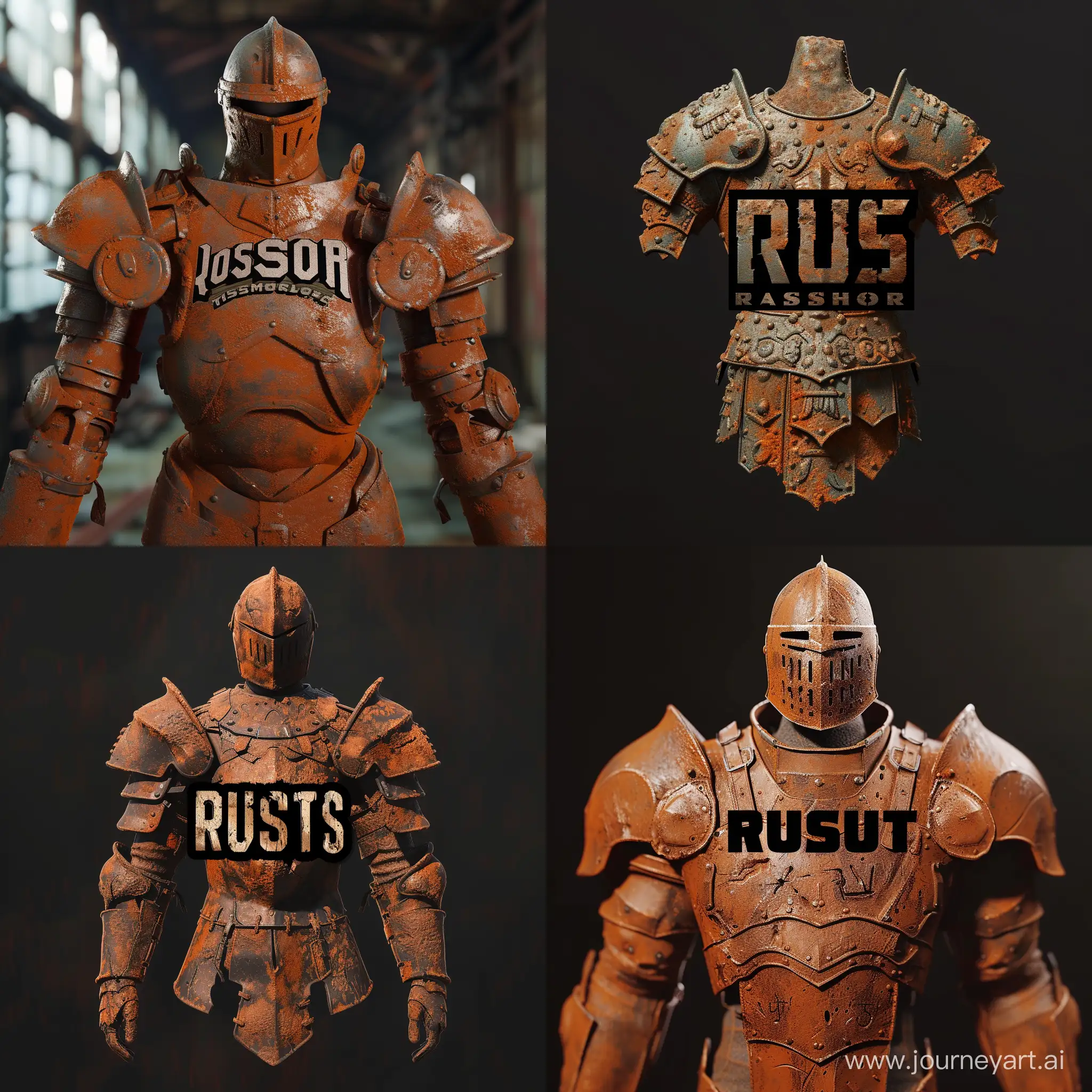 Create an image in the style of the game "RUST", with the title "Rust Armor" in the middle. --v 6 --ar 1:1 --no 18407