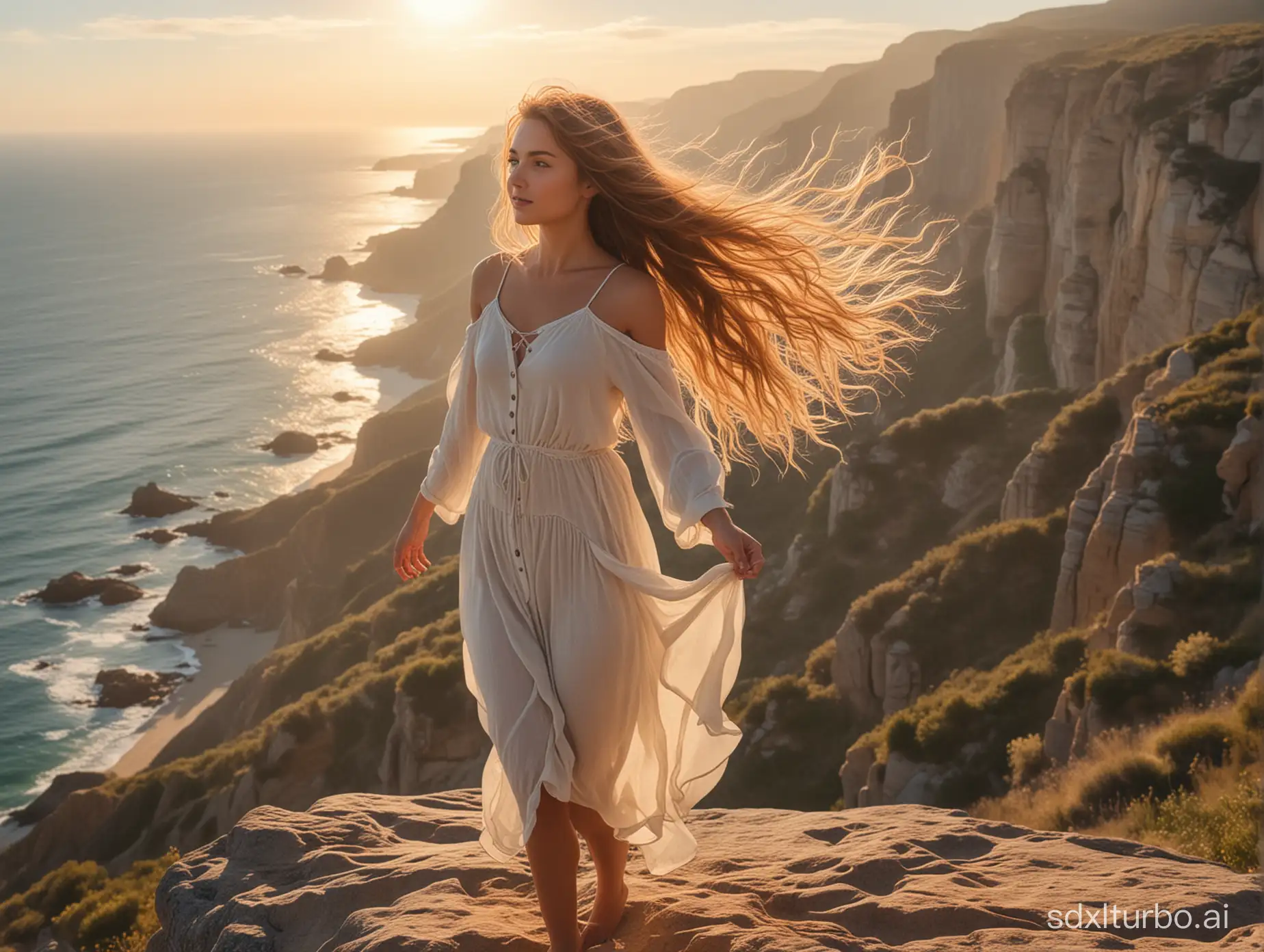 Young-Woman-Standing-on-Cliff-Overlooking-Serene-SunKissed-Landscape
