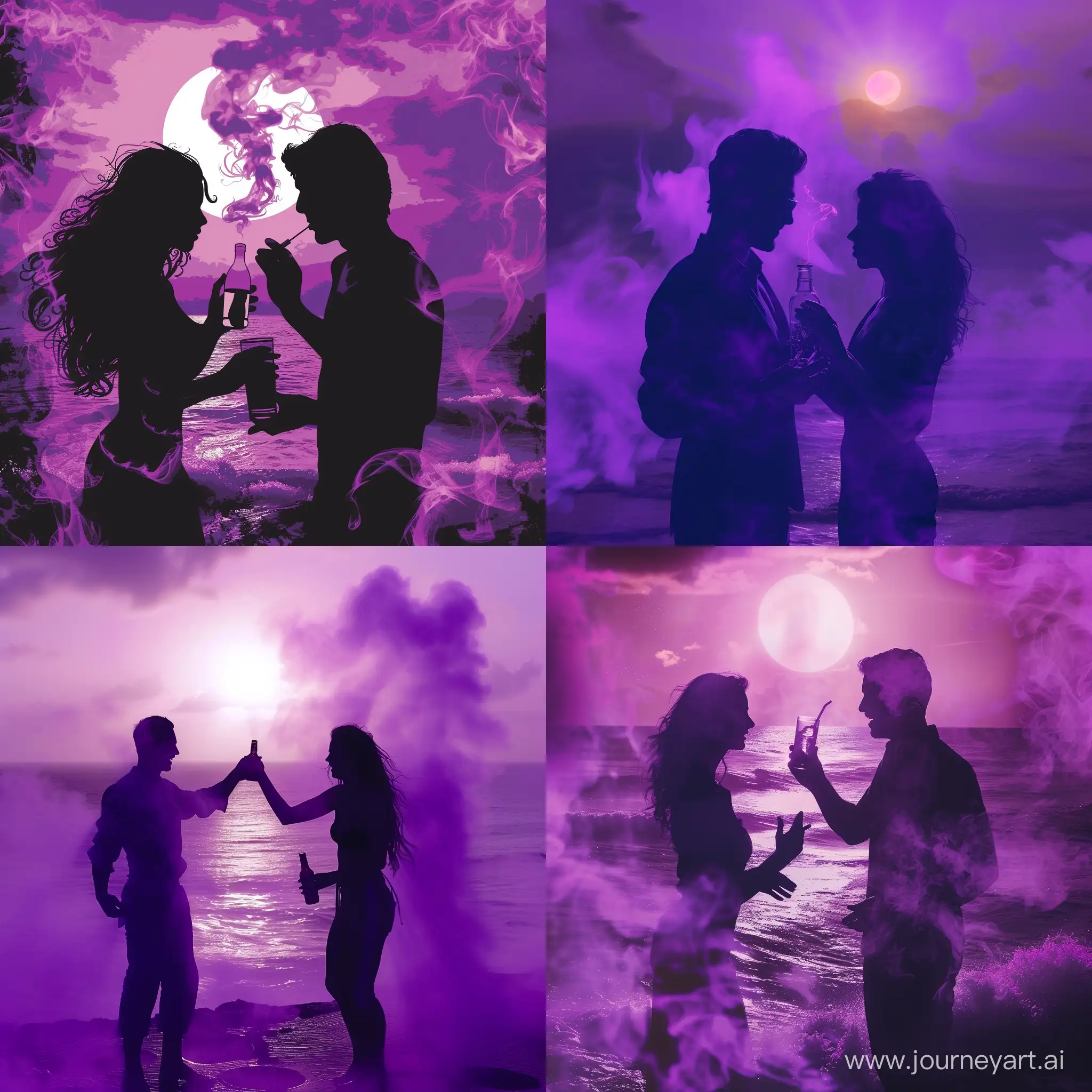 dance, couple, love, background purple smoke and sea and sun and, in the hand of the man vodka and in the hand of the woman weed, couple gangsta --v 6 --ar 1:1 --no 79091