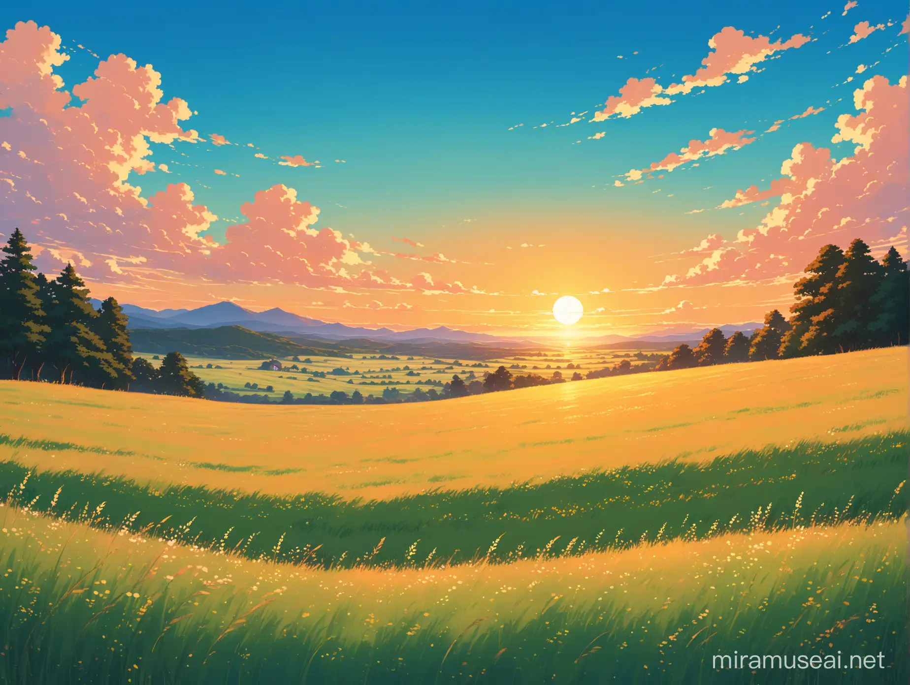 meadow in sunset with clear blue wide sky, beautiful ambiance, ghibli style