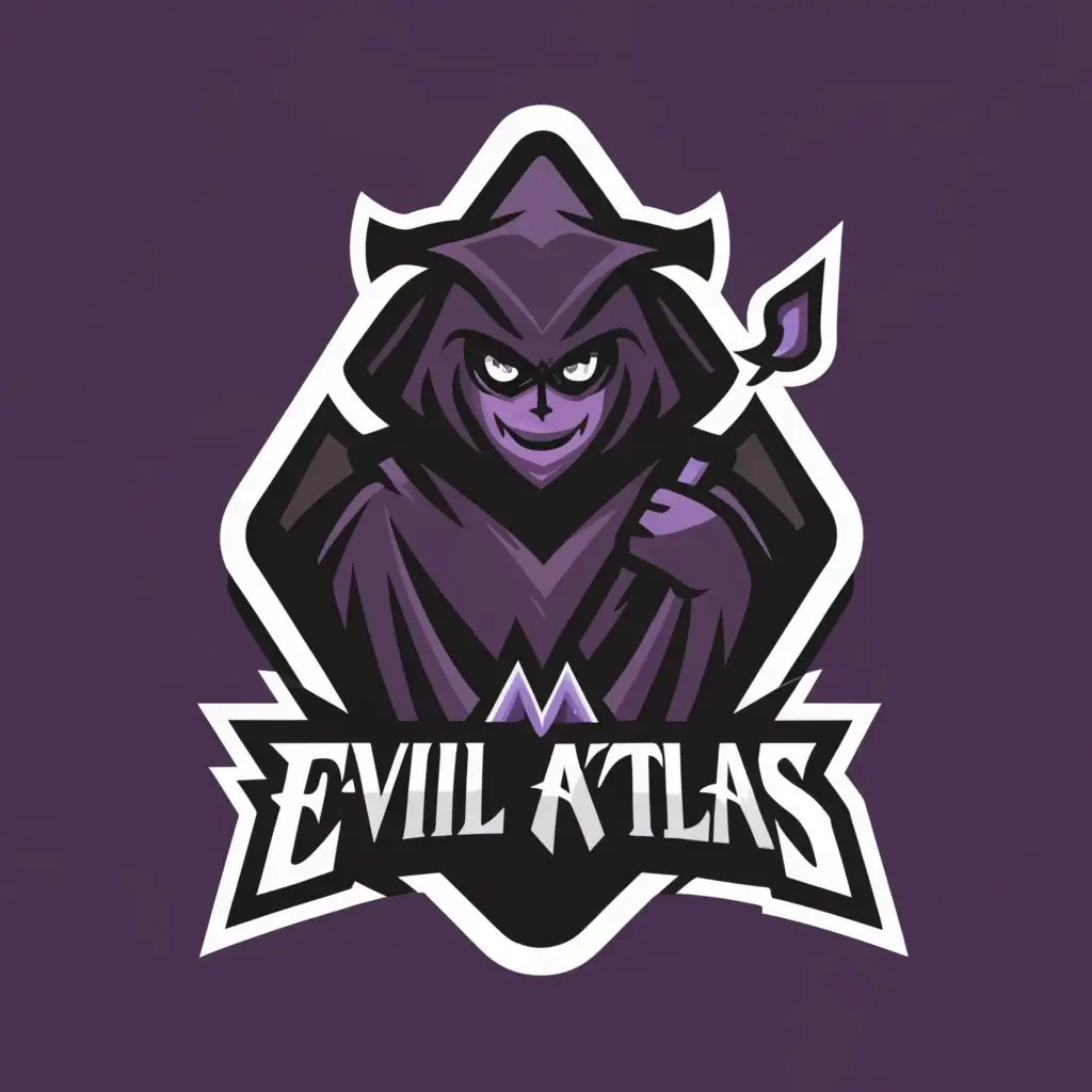 a logo design,with the text "Evil Atlas", main symbol:Got it! Let's refine the design to make it more cartoonish, drawing inspiration from Veigar, the hooded NPCs from Dark Cloud, and the mage from Final Fantasy. Here's the updated description:

**Logo Description:**

The "Evil Atlas" logo adopts a playful and cartoonish style, featuring a whimsical interpretation of a hooded mage reminiscent of characters like Veigar, the hooded NPCs from Dark Cloud, and the mages from Final Fantasy.

The mage's silhouette is slightly exaggerated, with a comically oversized hood covering most of their face, leaving only mischievous eyes and a wicked grin visible. Their posture is dynamic and energetic, as if they're casting a spell or conjuring mischief.

The color palette retains the dark tones of black and purple but introduces brighter, more vibrant shades to enhance the cartoonish vibe. Splashes of electric purple and neon highlights accentuate the mage's magical aura, adding a playful touch to the design.

The text "Evil Atlas" is rendered in a bold, whimsical font with exaggerated curves and playful serifs, mirroring the cartoonish aesthetic of the character. It is positioned below the mage, balancing the composition and adding to the overall charm of the logo.

Cartoonish cosmic elements swirl around the mage, evoking a sense of whimsy and magic. Stars, moons, and sparkling effects adorn the background, enhancing the fantastical atmosphere of the design.

The composition is lively and dynamic, capturing the mischievous spirit of the hooded mage persona while maintaining a playful and cartoonish aesthetic.

Let me know if you have any further preferences or if there's anything else I can assist you with!,Minimalistic,clear background
