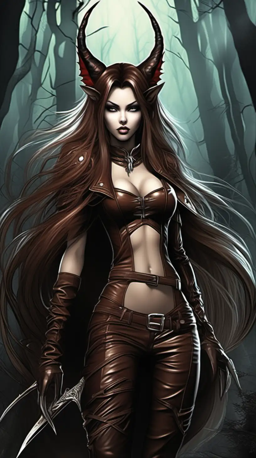 An of a very pretty and sexy Evil girl, animalistic characteristics such as Sharp nails, animal ears,  and long Sharp teeth, sexy curves, and very long and straight brown hair in a magical forest, wearing tight leather in detailed fantasy style