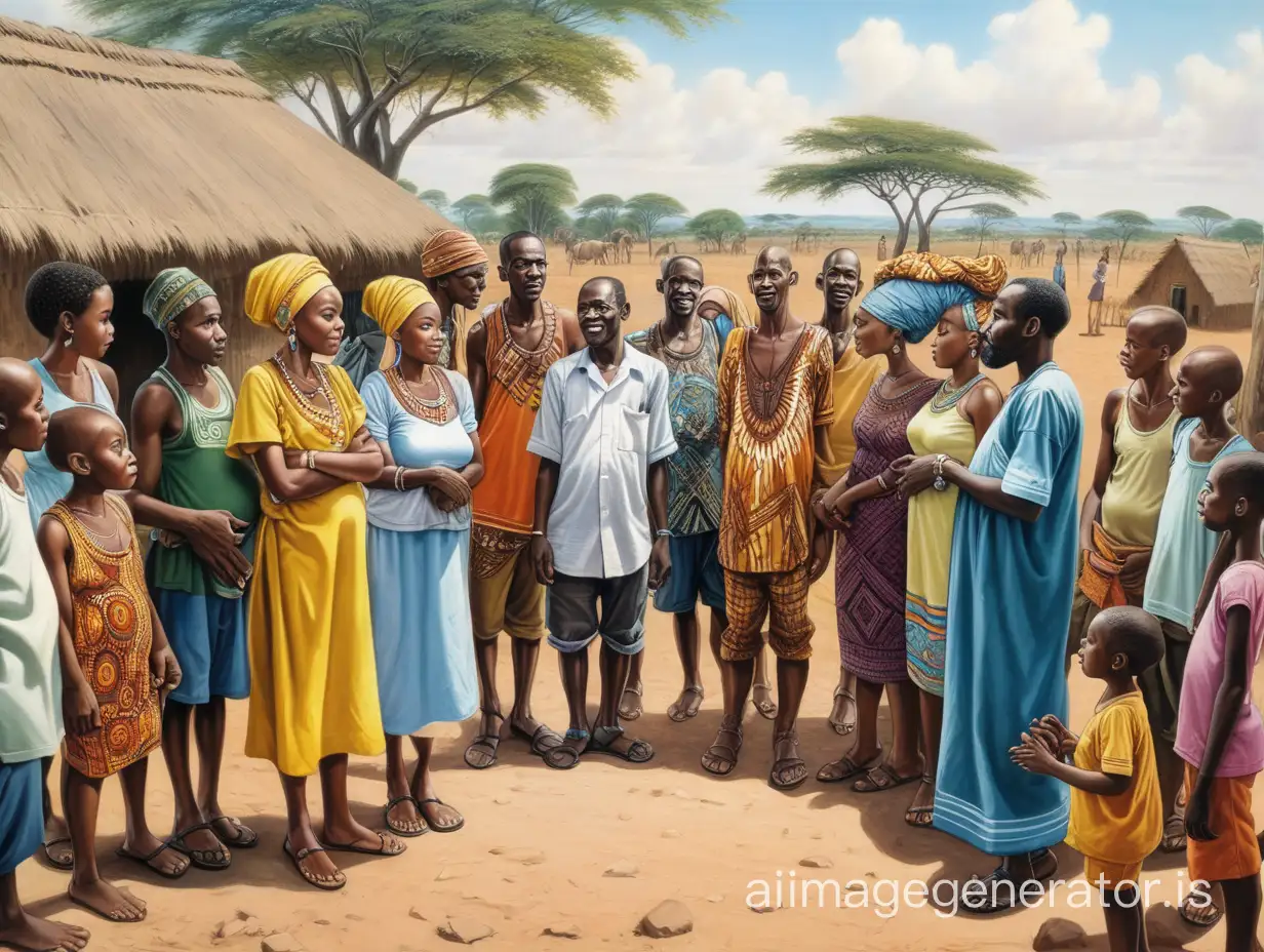 African villagers admiring the family of a man who had three wives and also a magic wealth