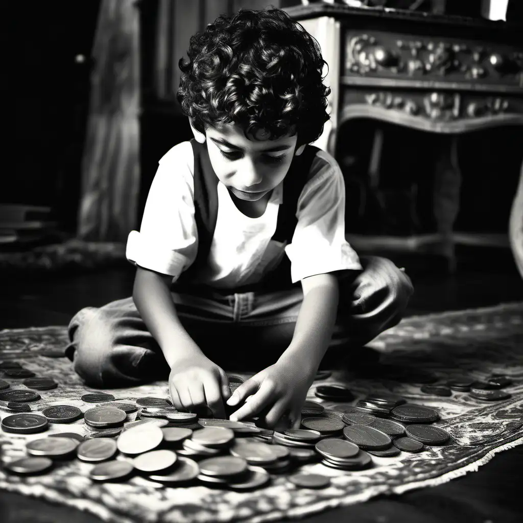 adorable 8 year old from the Middle East with short curly hair, aspiring to be a magician looking down at a bunch of coins on a very old rug, the kid he learning how to vanish a coin, background should be a very poor home,  black and white, vintage look to the photo, nostalgic, sweet, memories